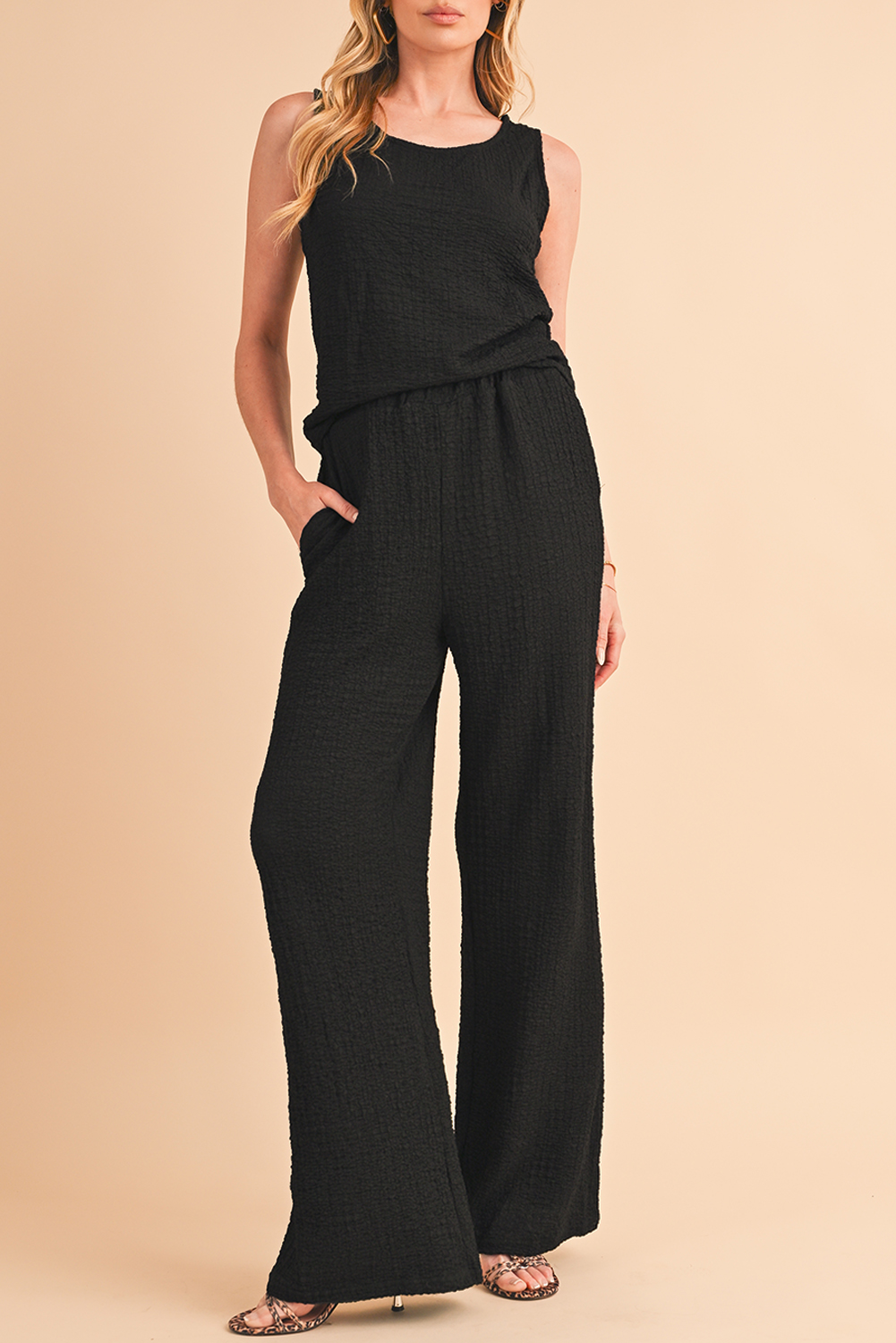 Shewin Wholesale Dropshippers Black Crinkled U Neck Tank and Wide Leg PANTS Set