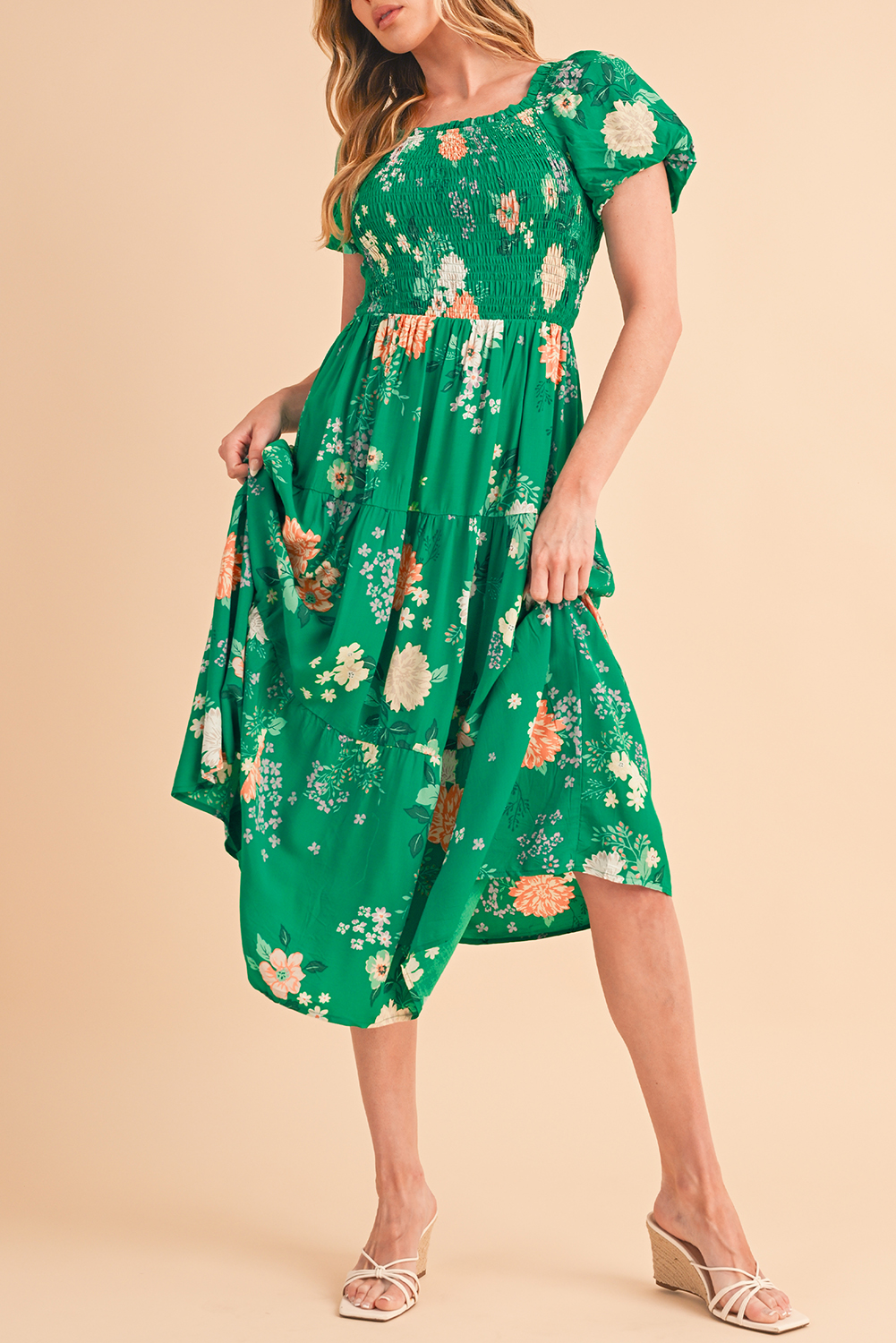 Shewin Wholesale Apparel Green Floral Print Bubble Sleeve Smocked Tiered Midi DRESS