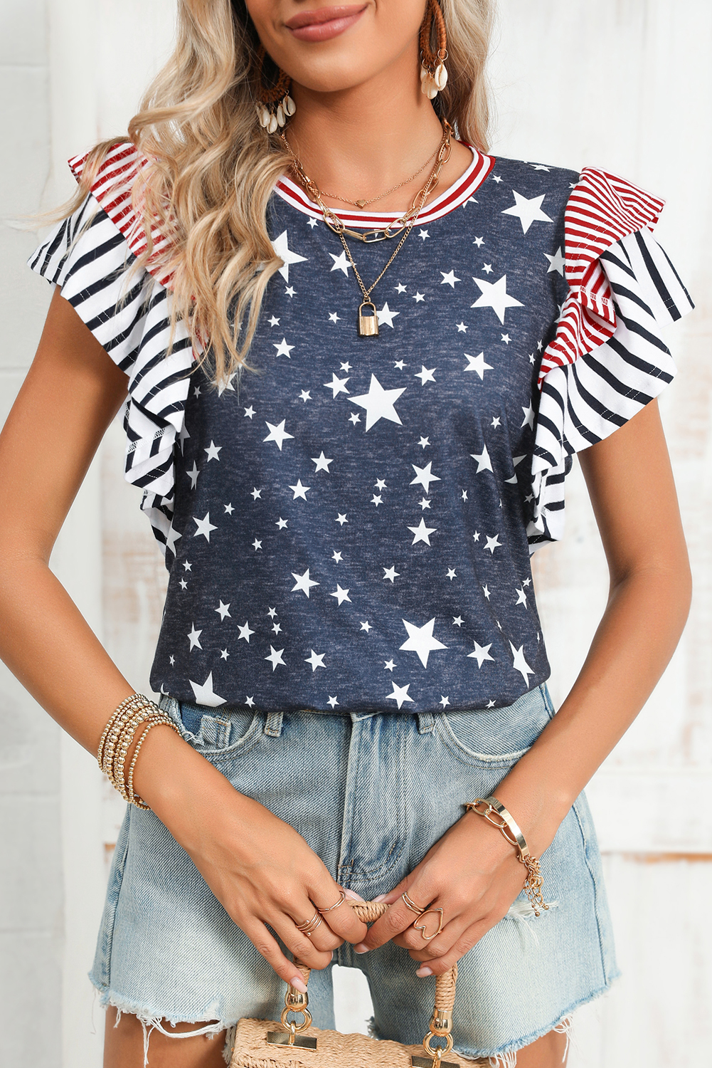 Shewin Wholesale Clothes Gray Striped Ruffled Sleeve Star Print T SHIRT