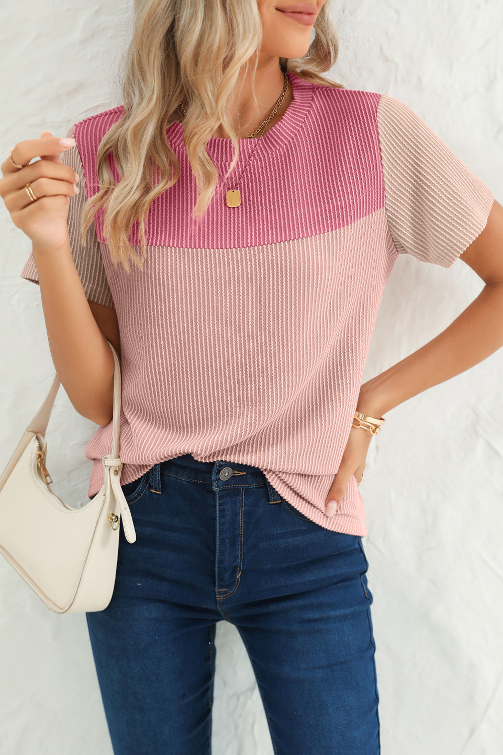 Shewin Wholesale Stores Pink Rib Textured Colorblock T SHIRT