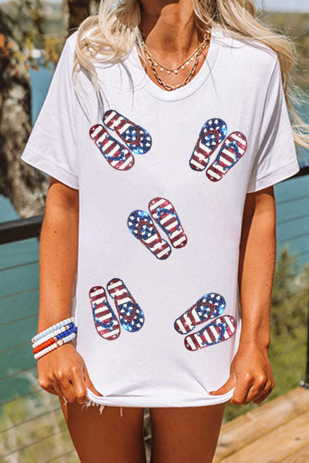 White Sequin American FLAG Slipper Shape Graphic T Shirt