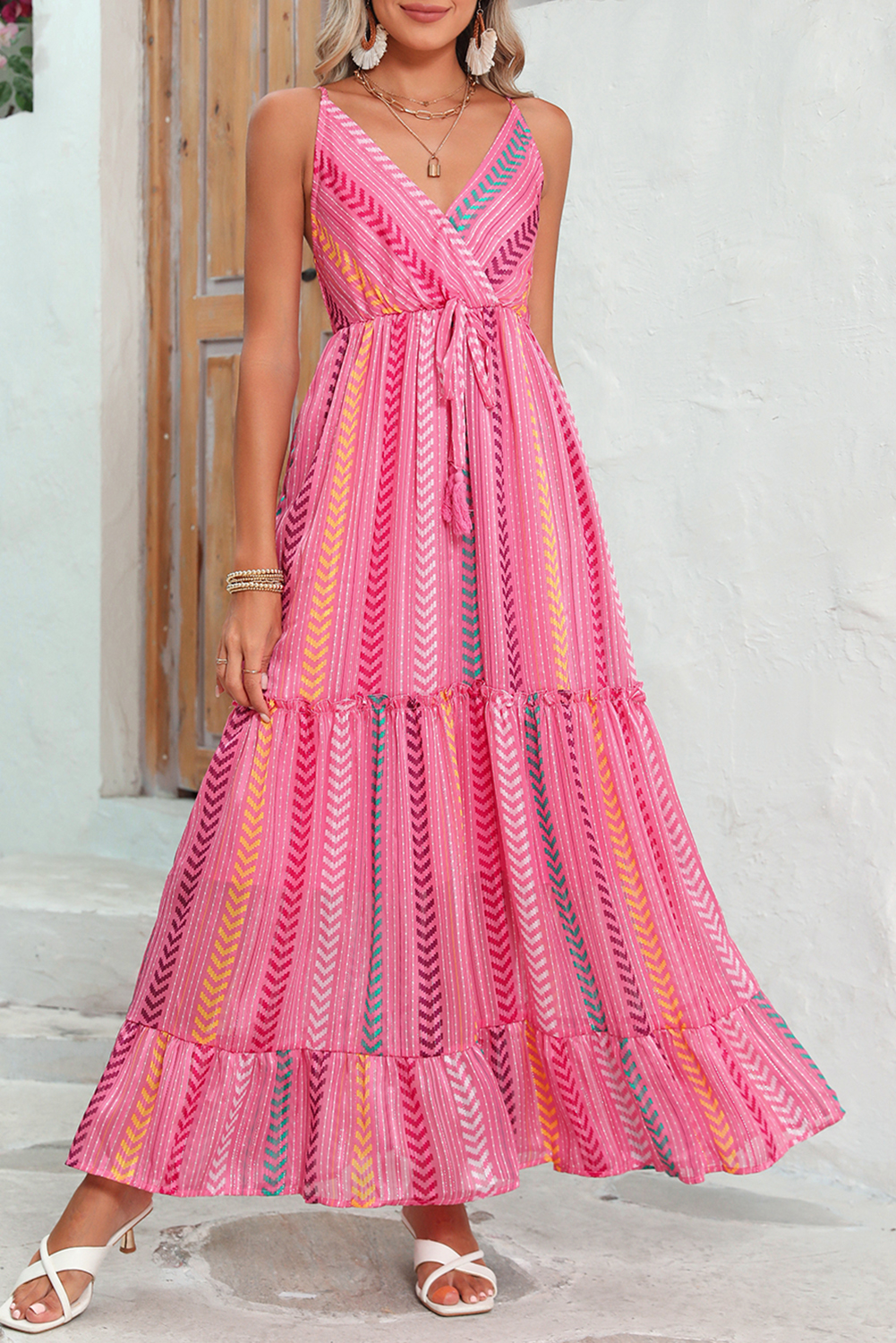 Shewin Wholesale Custom Logo Pink Boho Tassel TIE V Neck Wrapped Maxi Dress