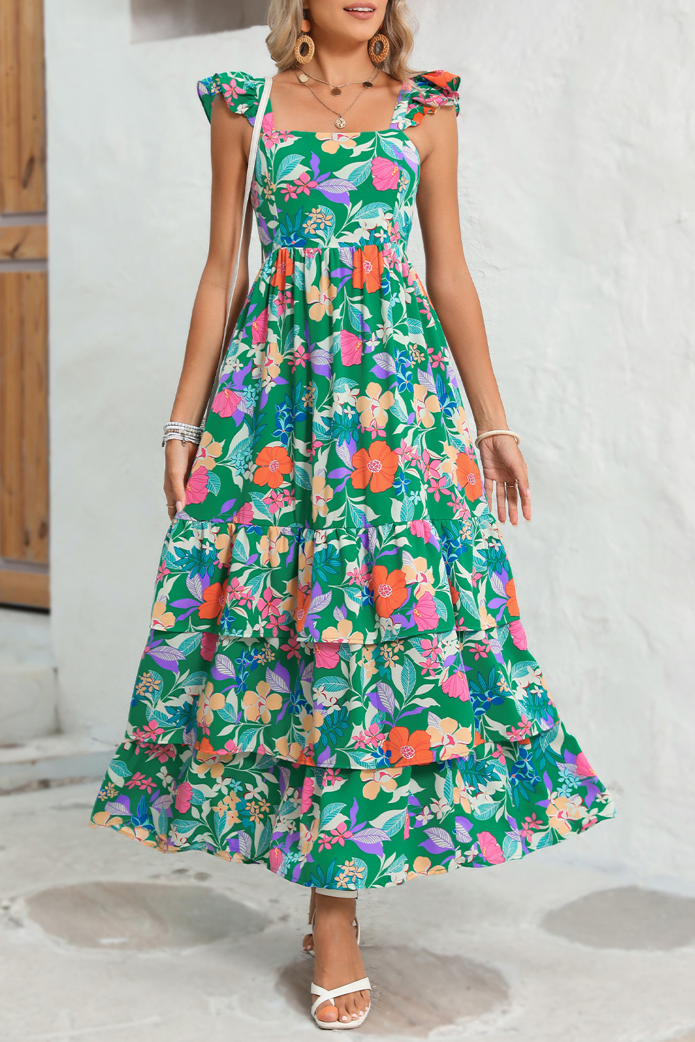Shewin Wholesale Dropshippers Green Boho Floral Print Ruffle Sleeveless Tiered Maxi DRESS