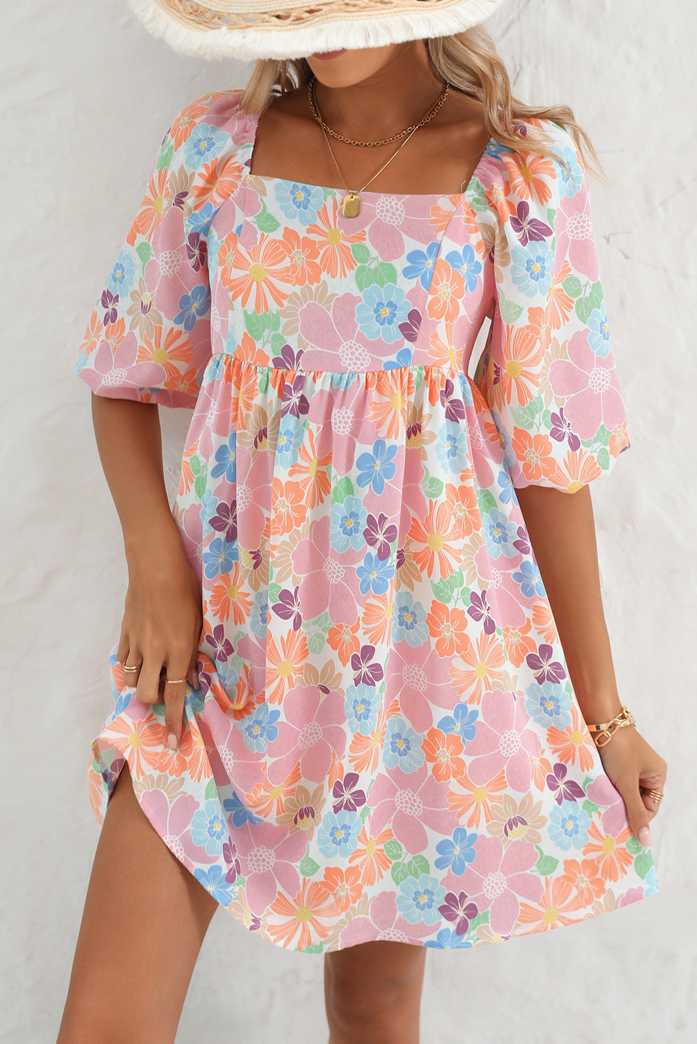 Shewin Wholesale Dropshipping Pink SUMMER Floral Square Neck Puff Sleeve Babydoll DRESS