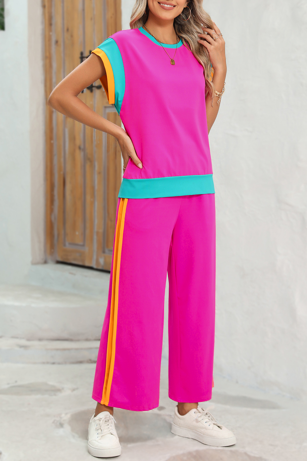 Shewin Wholesale Customized Strawberry Pink Colorblock Cap Sleeve Tee and Wide Leg PANTS Set