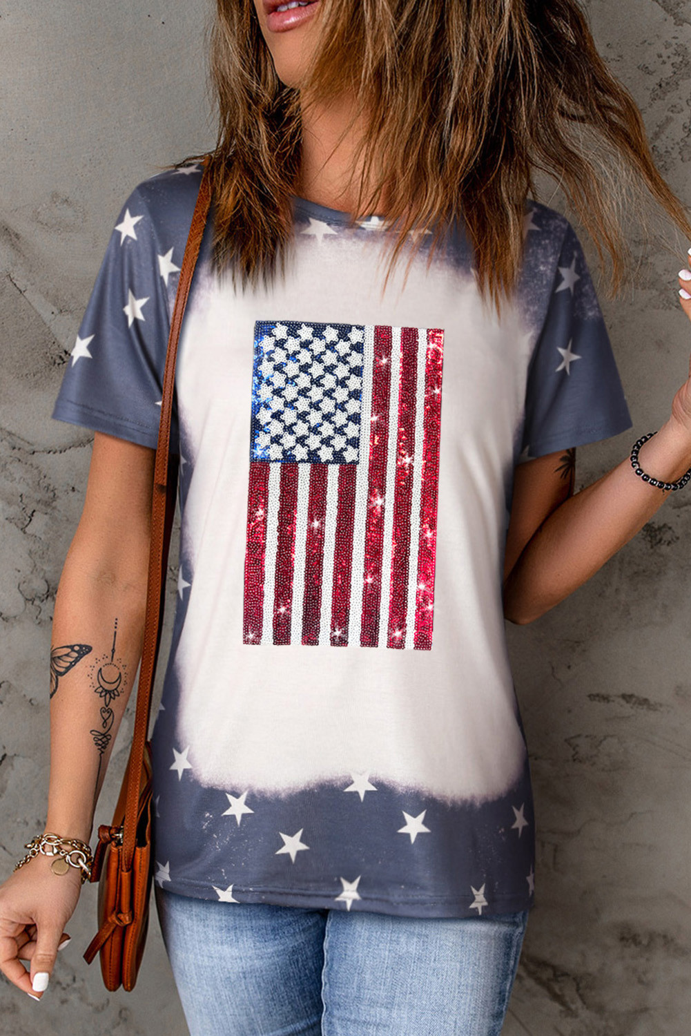 Blue Star Sequin American Flag Graphic T Shirt