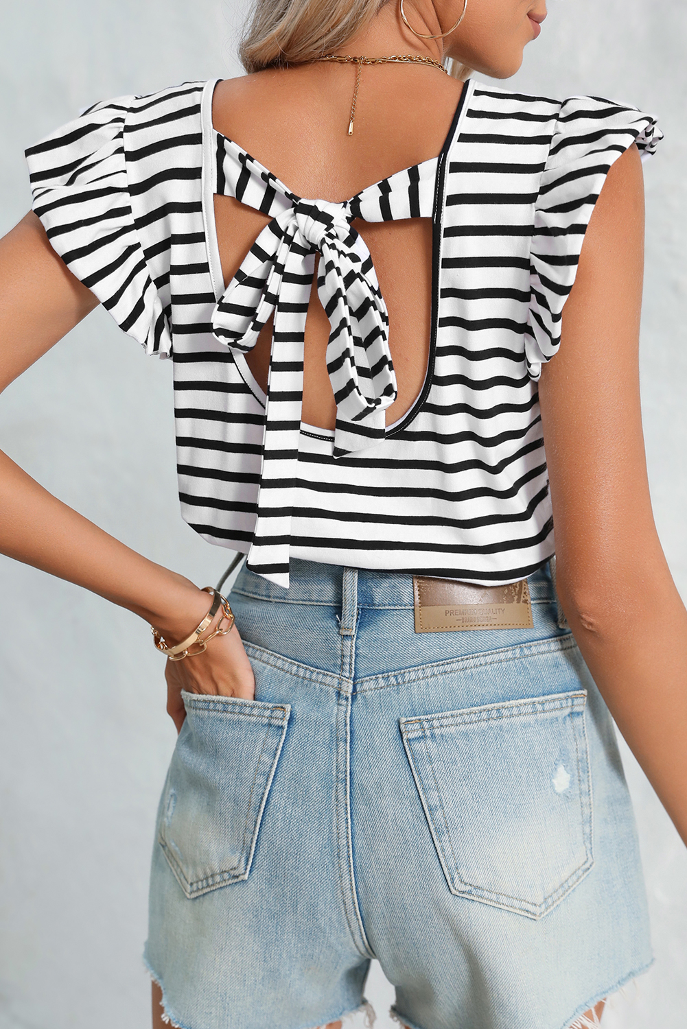 Shewin Wholesale Clothes White Stripe V Neck Knotted Backless Ruffle T SHIRT