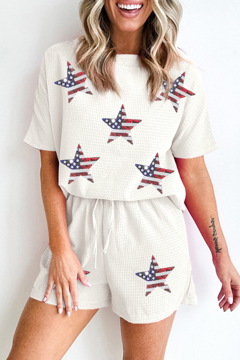 White Waffle Sequin American FLAG Star Graphic Shorts Set