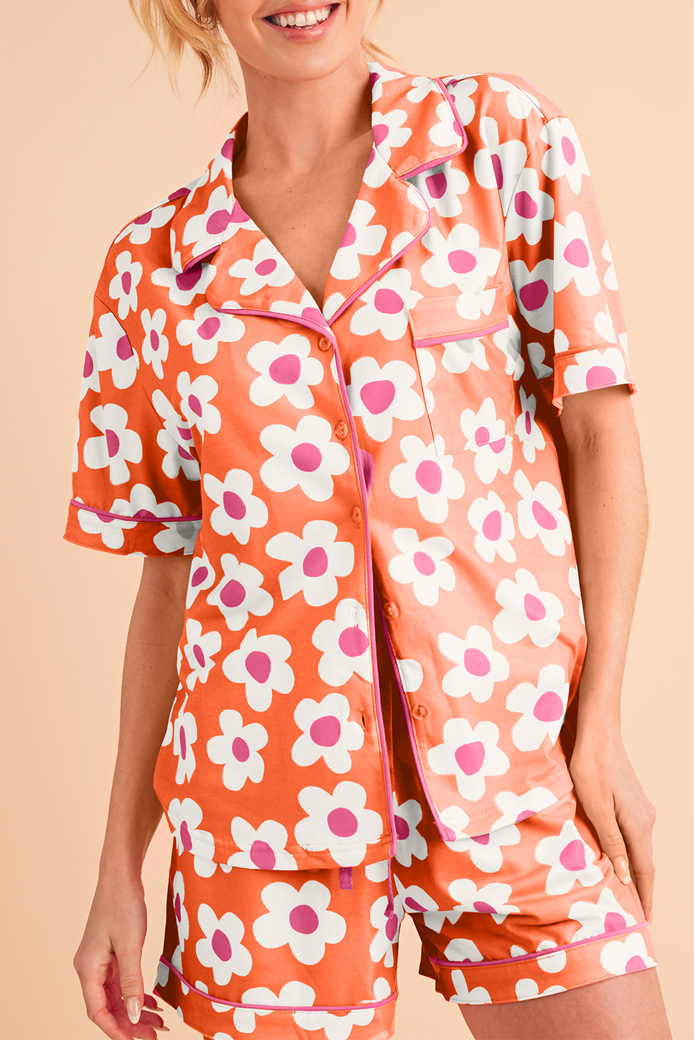 Shewin Wholesale Distributor Orange Flower Print Buttoned Shirt and Drawstring Waist PAJAMA Set