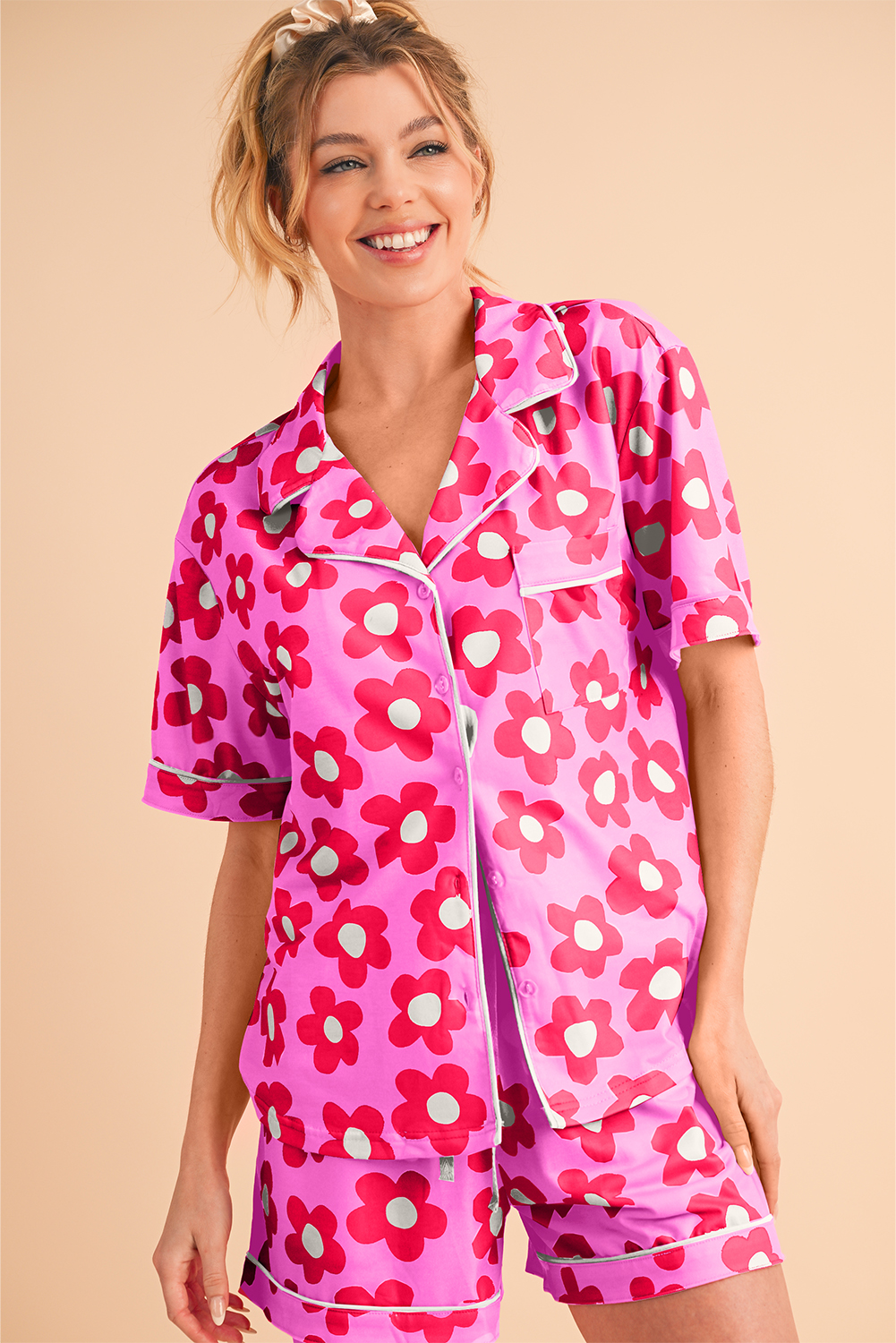 Shewin Wholesale Apparel Pink FLOWER Print Buttoned Shirt and Drawstring Waist Pajama Set