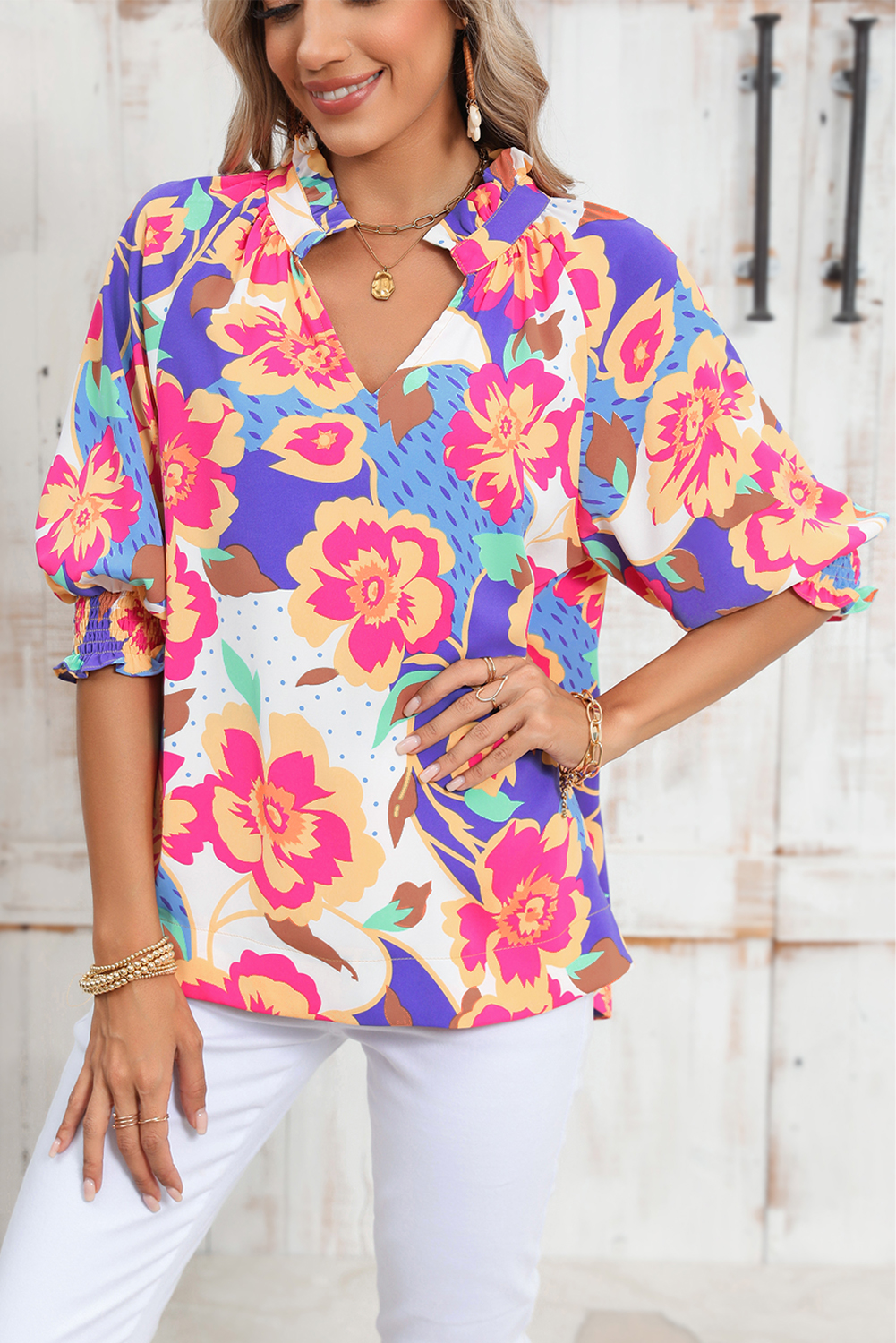 Shewin Wholesale Fall Rose RED Floral Frilled Split Neck Bubble Sleeve Blouse