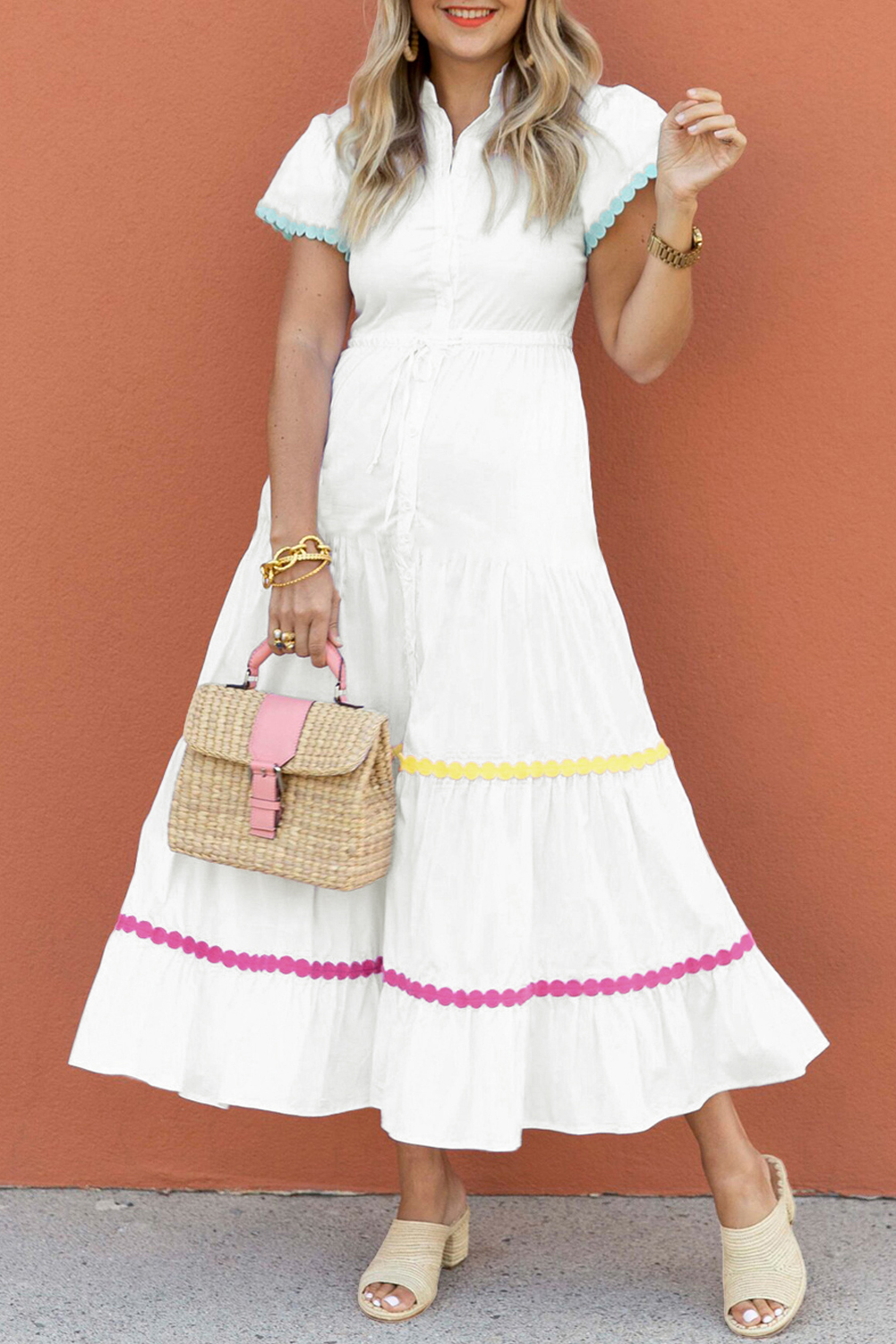 Shewin Wholesale High Quality White High Waist Short Sleeve Tiered SHIRT Dress