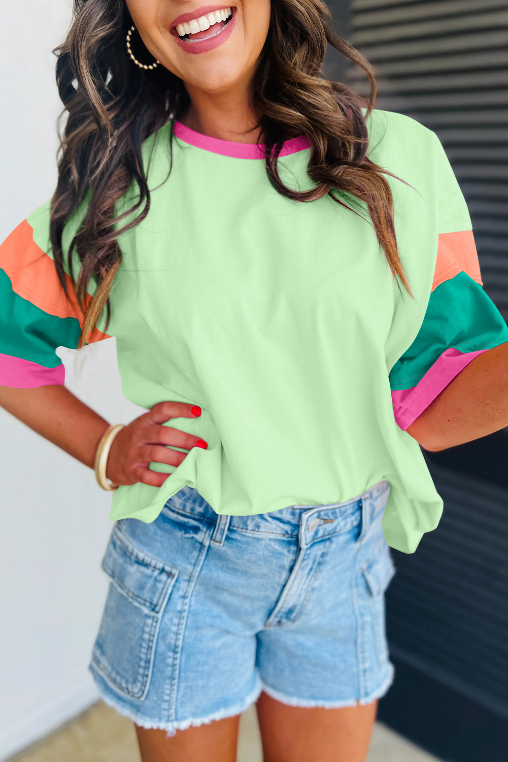 Shewin Wholesale Dropshipping Green Color Block Sleeve Round Neck Oversize Top