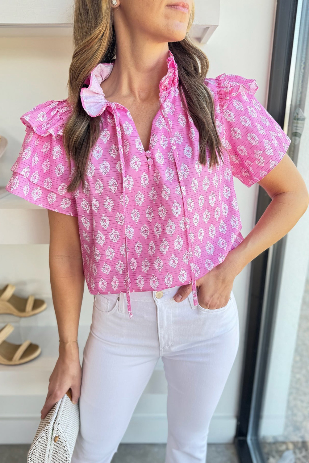 Shewin Wholesale Casual Pink VINTAGE Floral Ruffled Split Neck Layered Sleeve Blouse