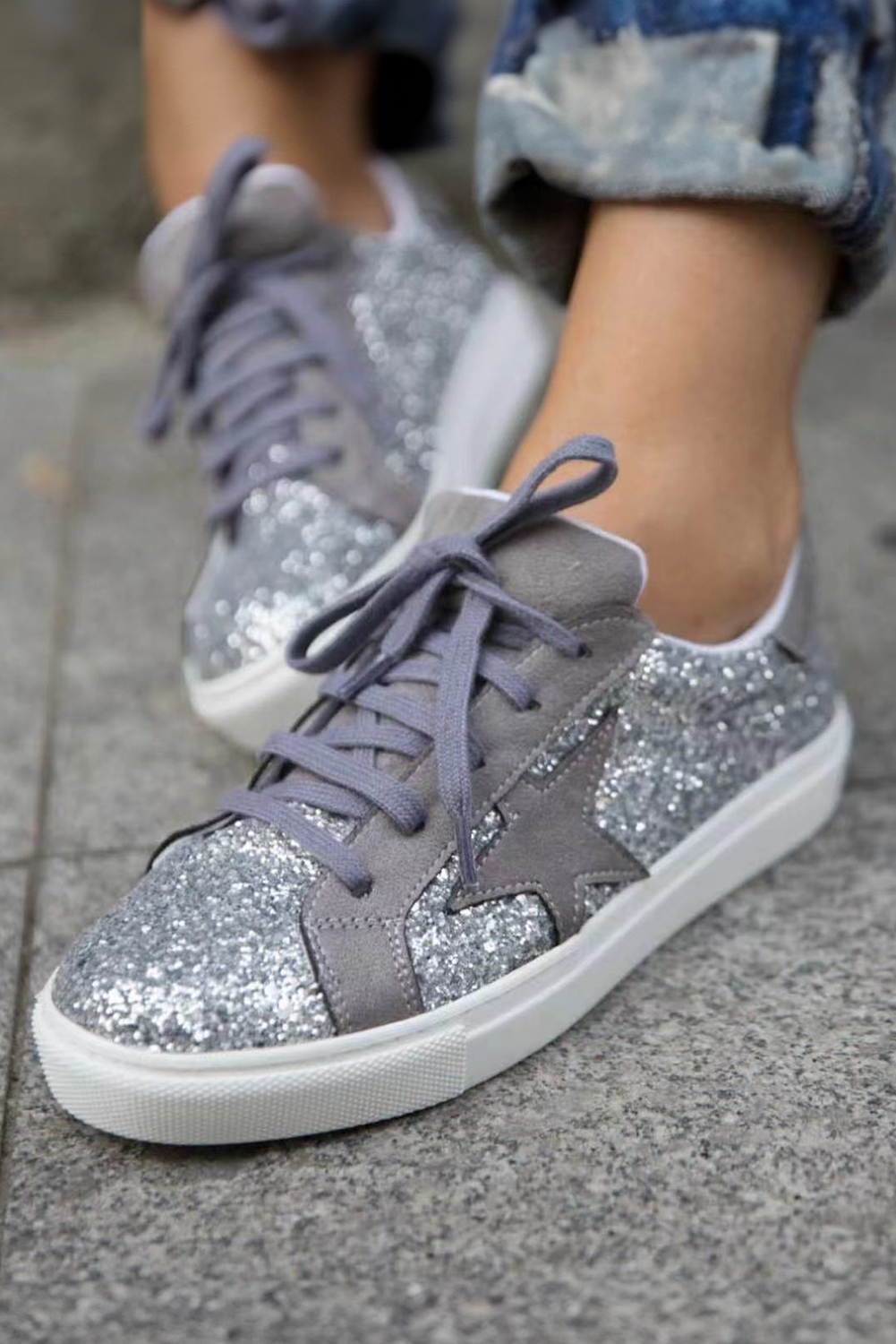 Gray Leopard Star Shape Print Lace Up SNEAKERS