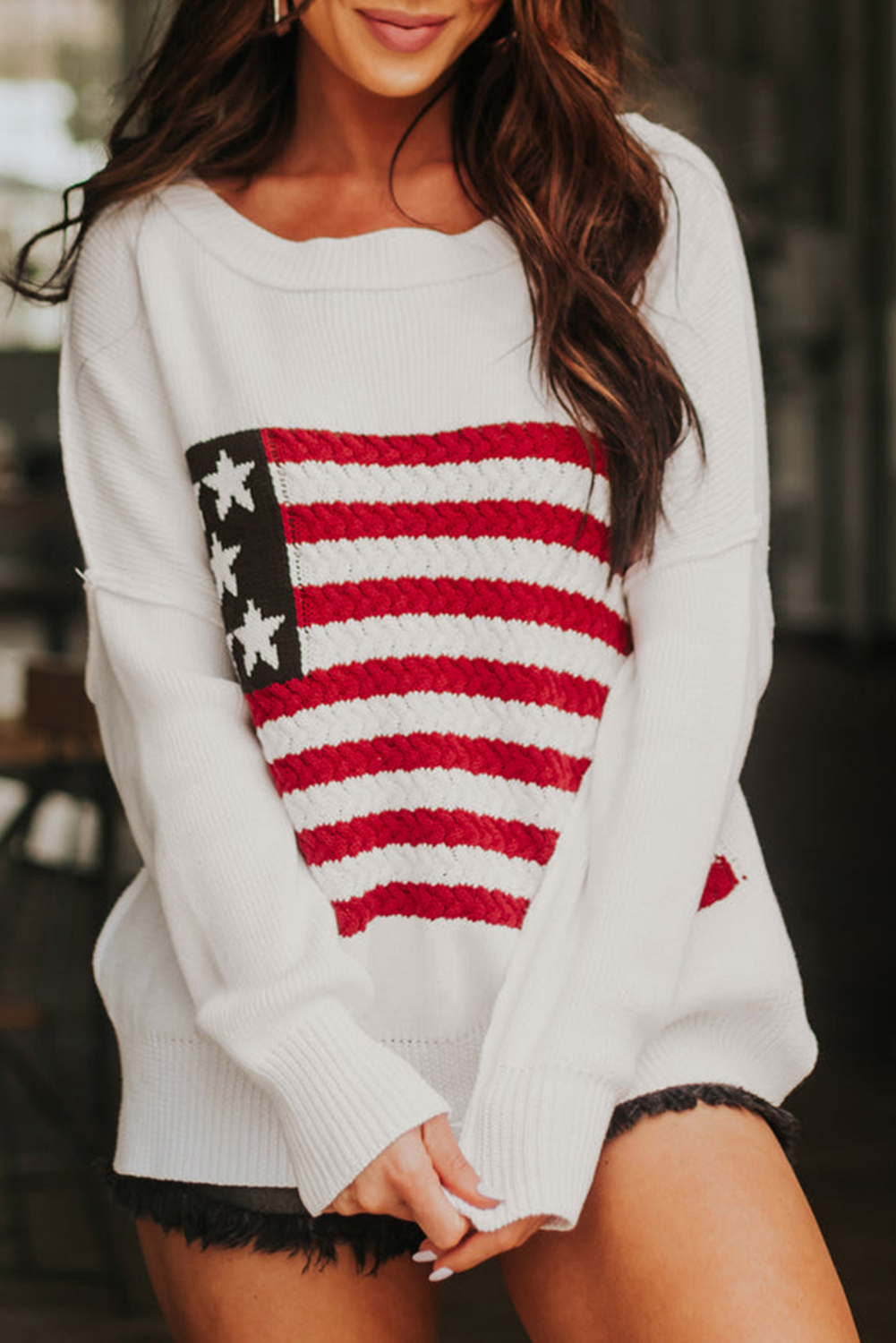 Shewin Wholesale Boutique White Twist American FLAG Knit Sweater