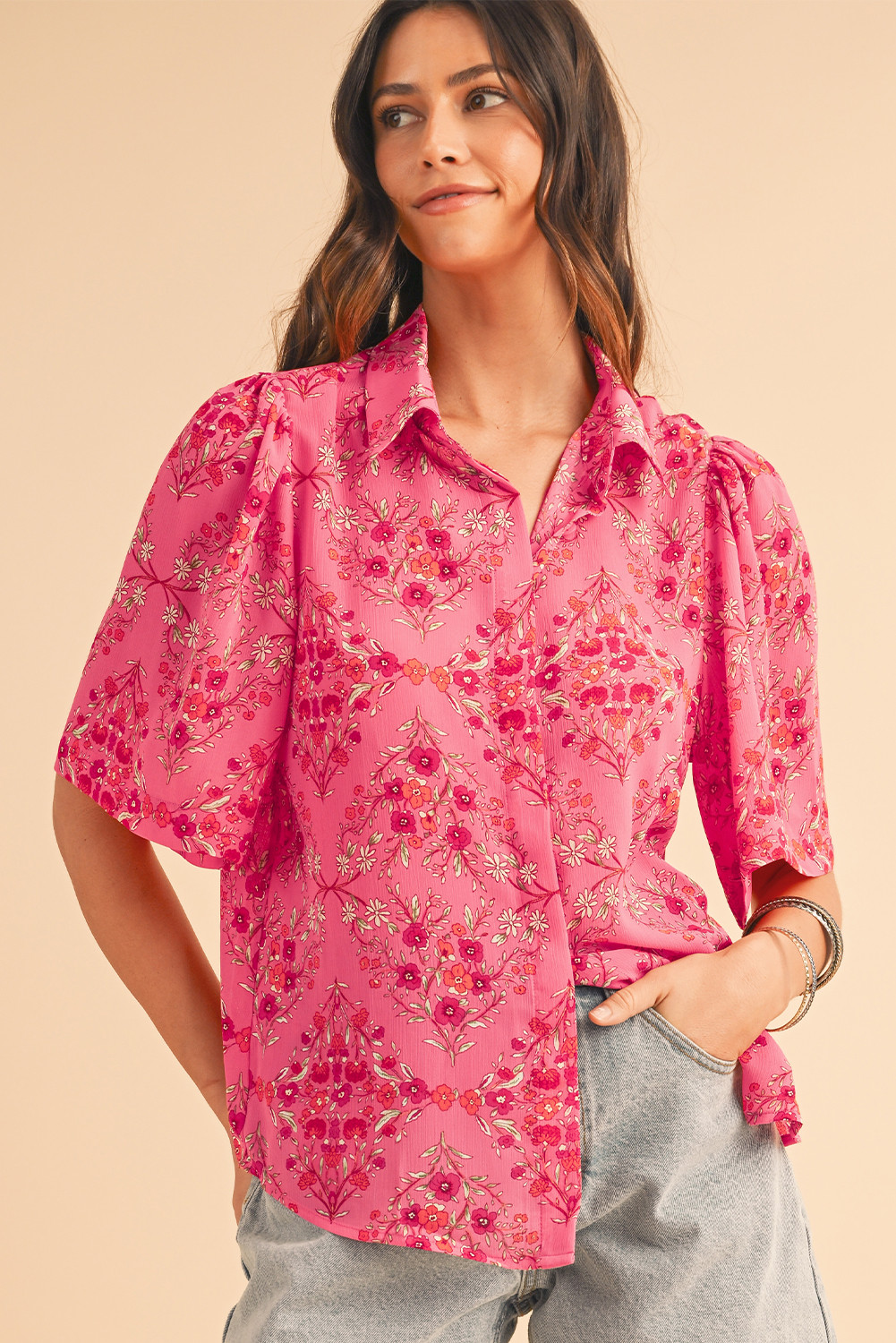 Rose Red Floral Print Short Sleeve Loose Blouse