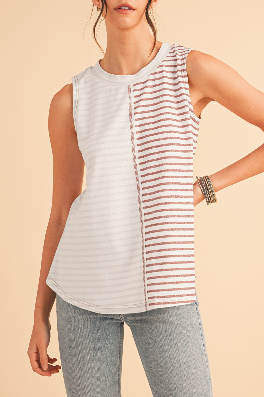 Brown Striped Center Seamed Patchwork TANK TOP