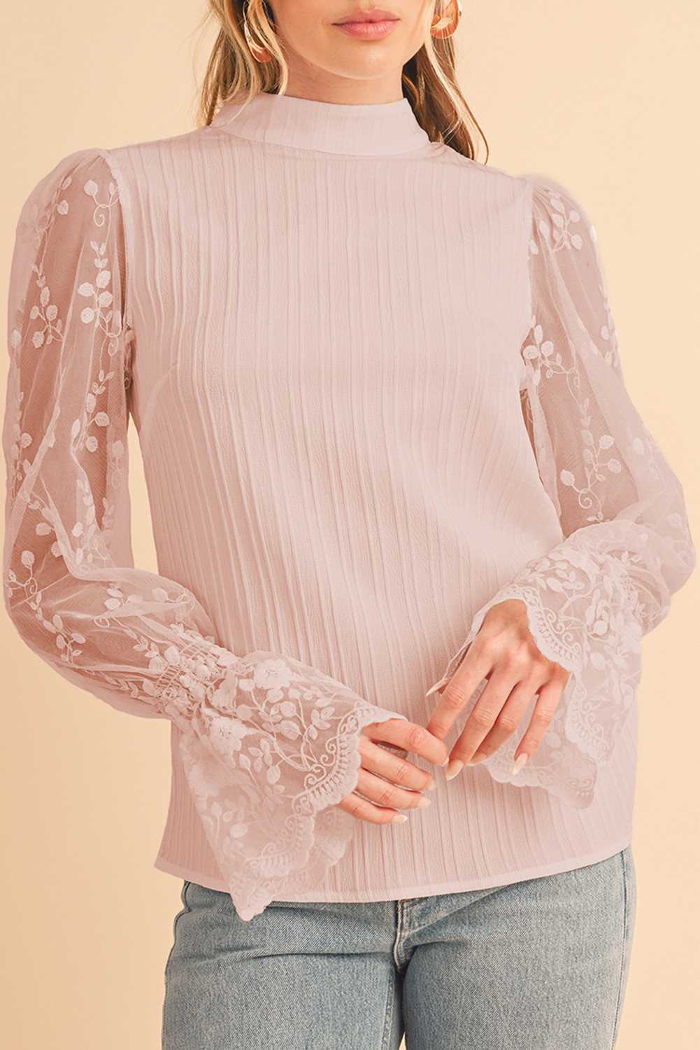Apricot Pink Textured Contrast Lace Sleeve Mock Neck Blouse