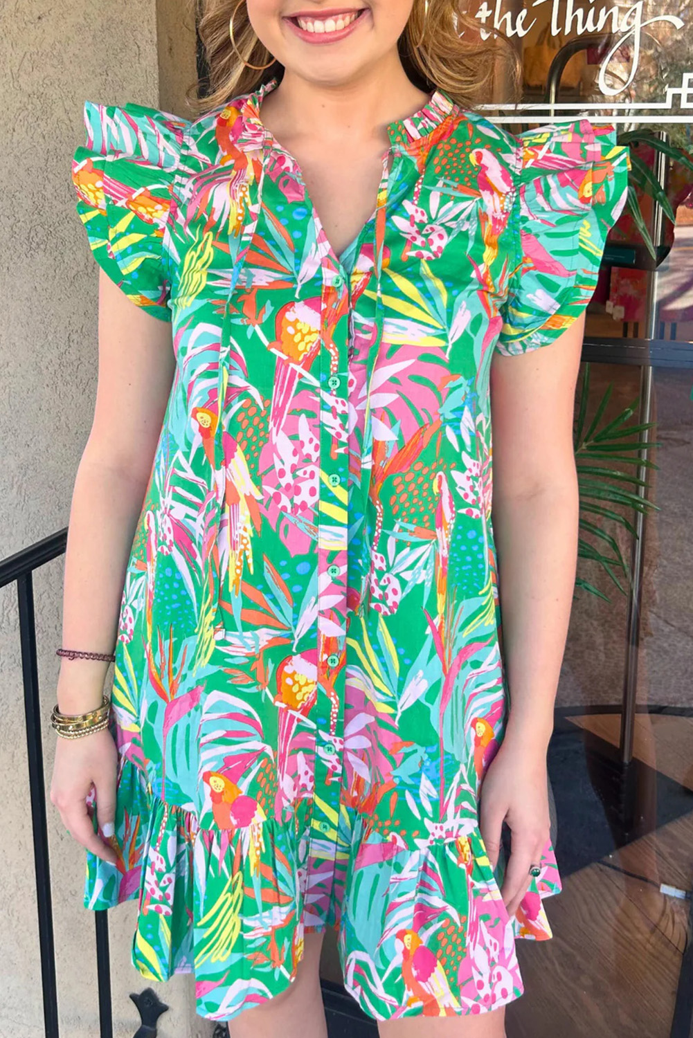 Green Abstract Print Button Front TIE Split Neck Ruffle Dress