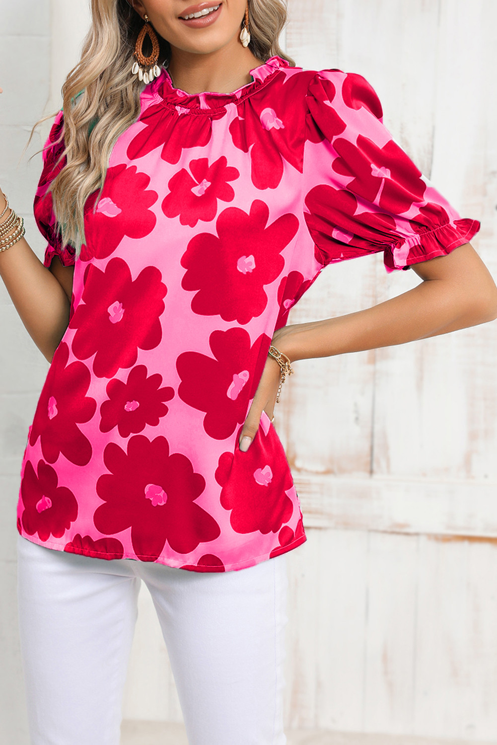 Rose Floral Puff Sleeve Frill Neckline Blouse