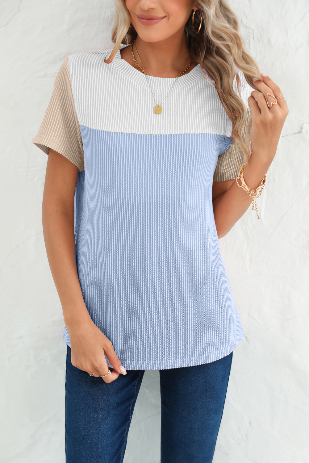 Light Blue CRINKLE Rib Textured Colorblock Round Neck T Shirt