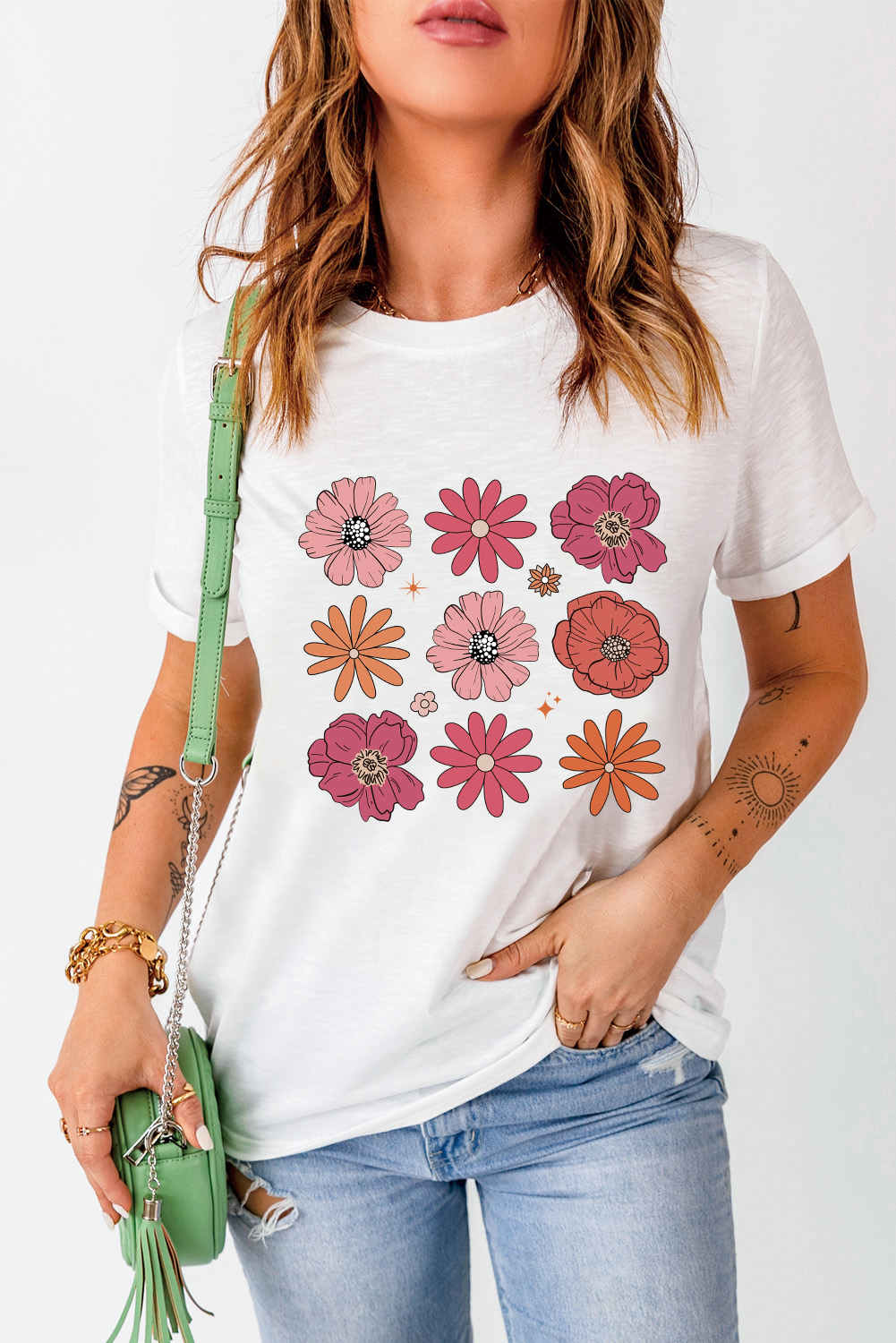 White 60s VINTAGE Flower Graphic Crew Neck Tee