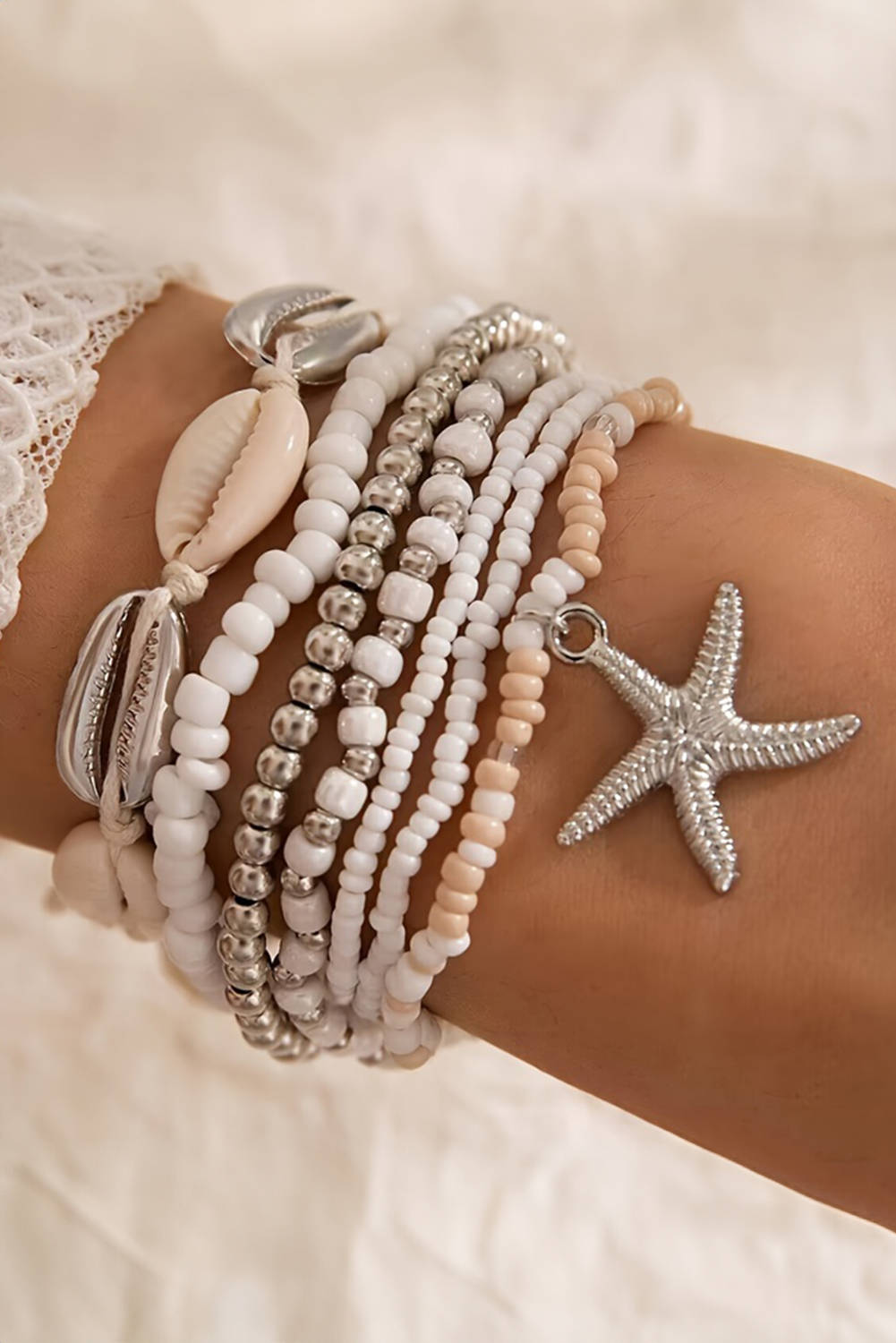 White 7pcs Starfish Seashell Beaded Bracelet Set