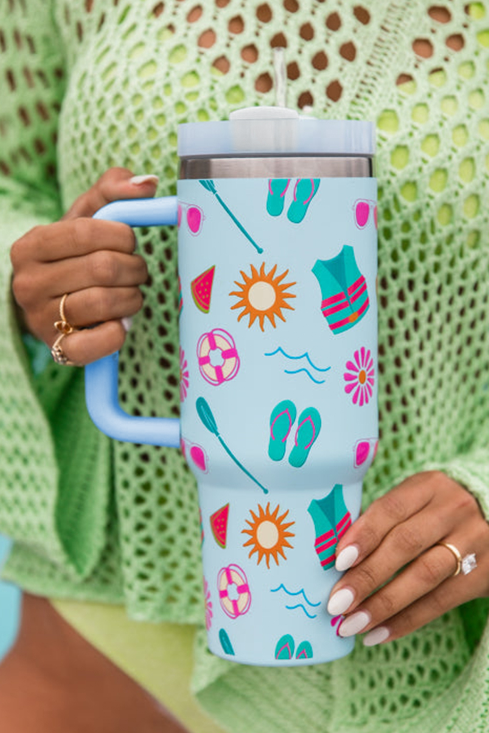 Light Blue Beach Fun Pattern Cup with Handle 40oz
