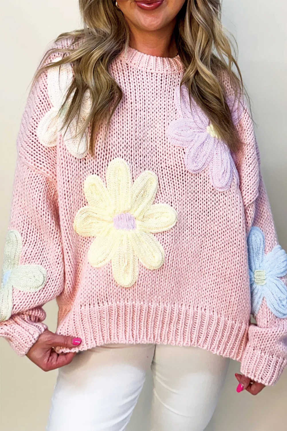 Shewin Wholesale Clothes Pink 60s FLOWER Drop Sleeve Cable Knit Sweater