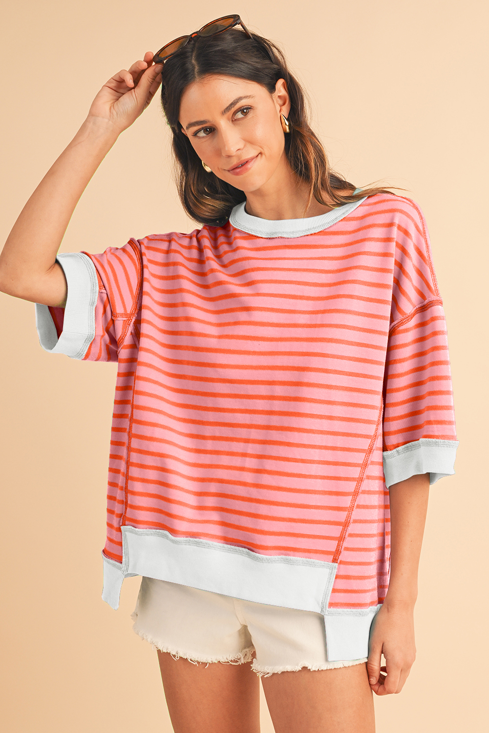 Shewin Wholesale WESTERN Multicolour Stripe Contrast Trim Drop Sleeve Loose Top