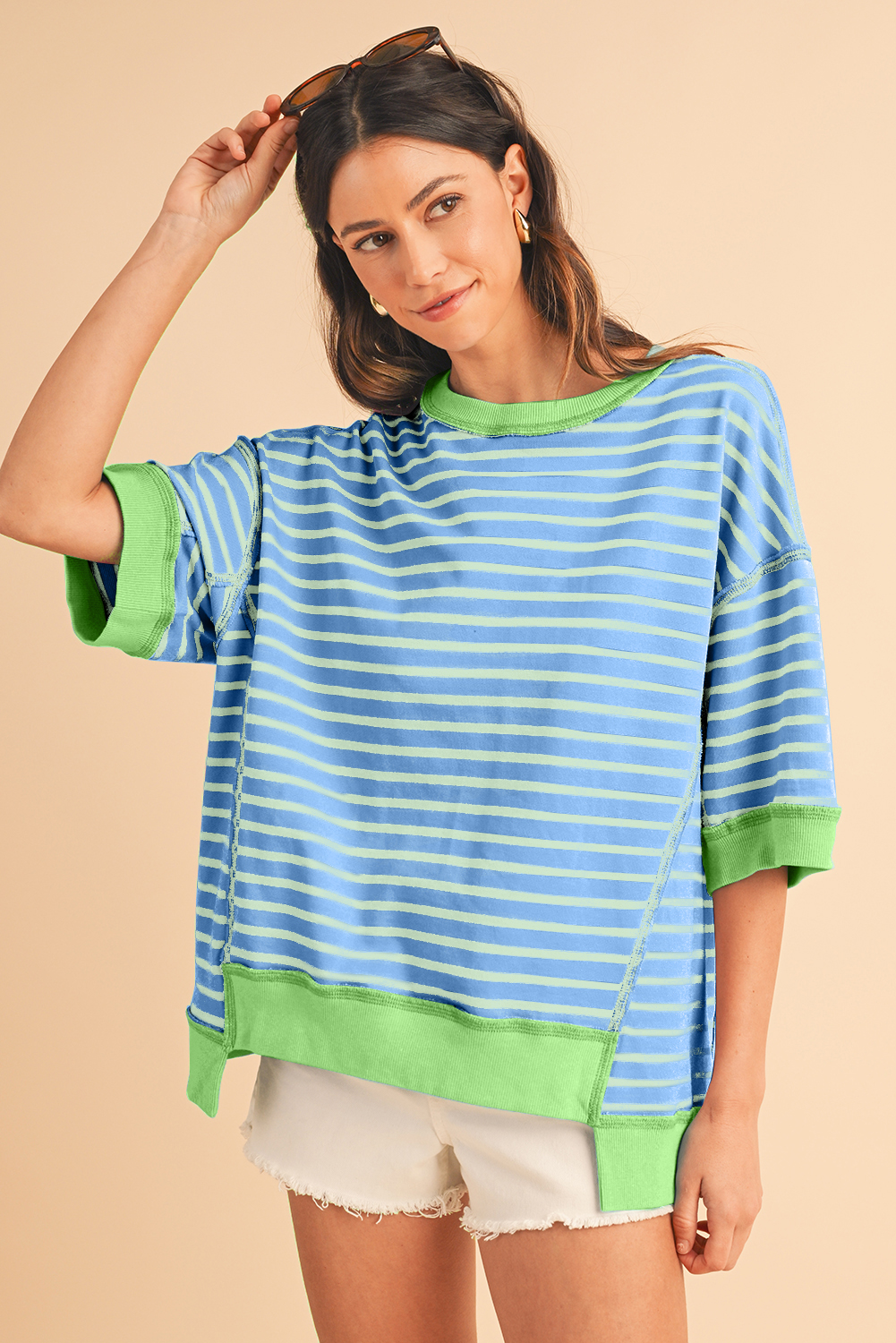 Shewin Dropshipping Sky Blue Stripe Contrast Drop Sleeve Loose Top