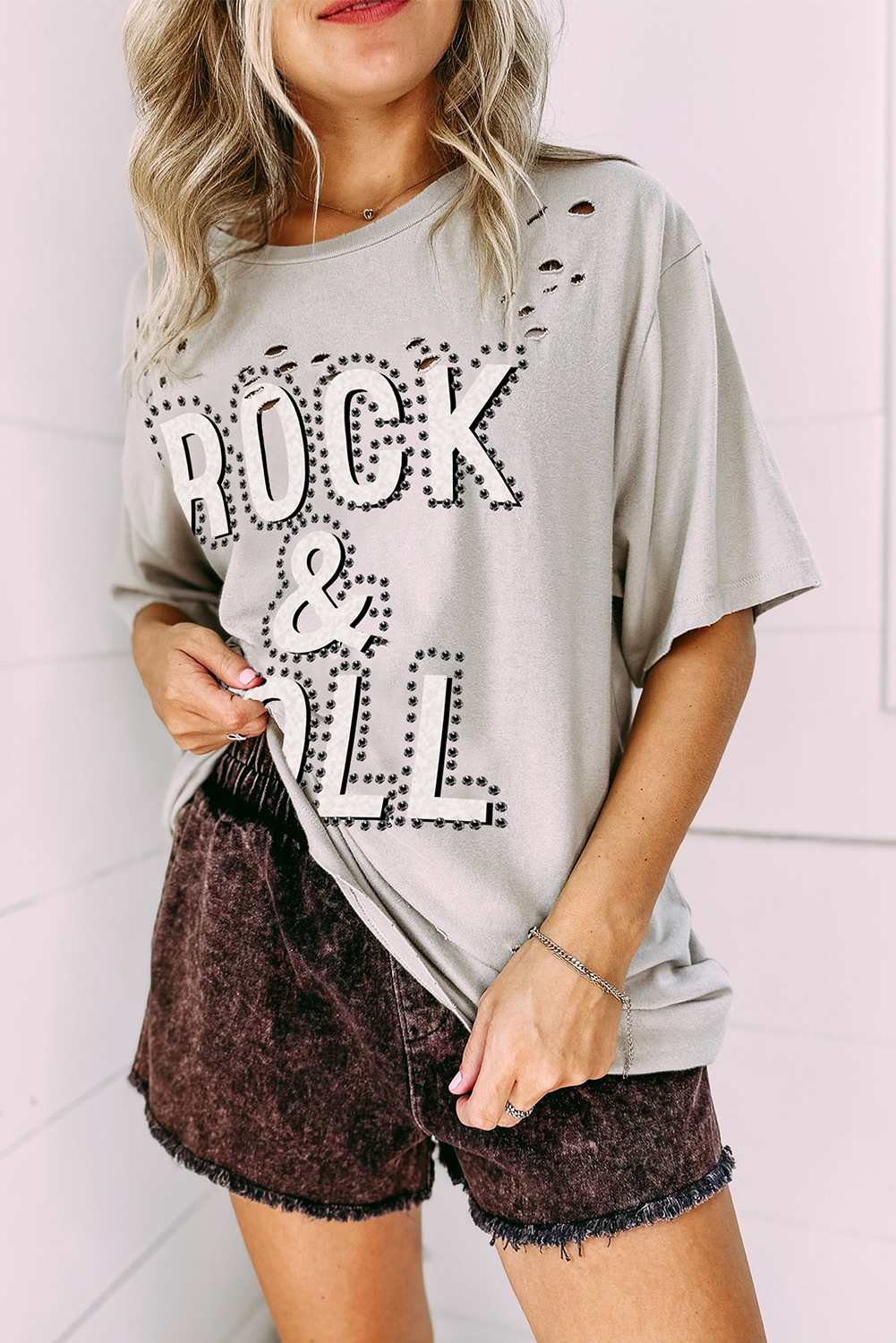 Shewin Wholesale Fall Gray Rock & Roll Graphic Ripped Oversized Tee