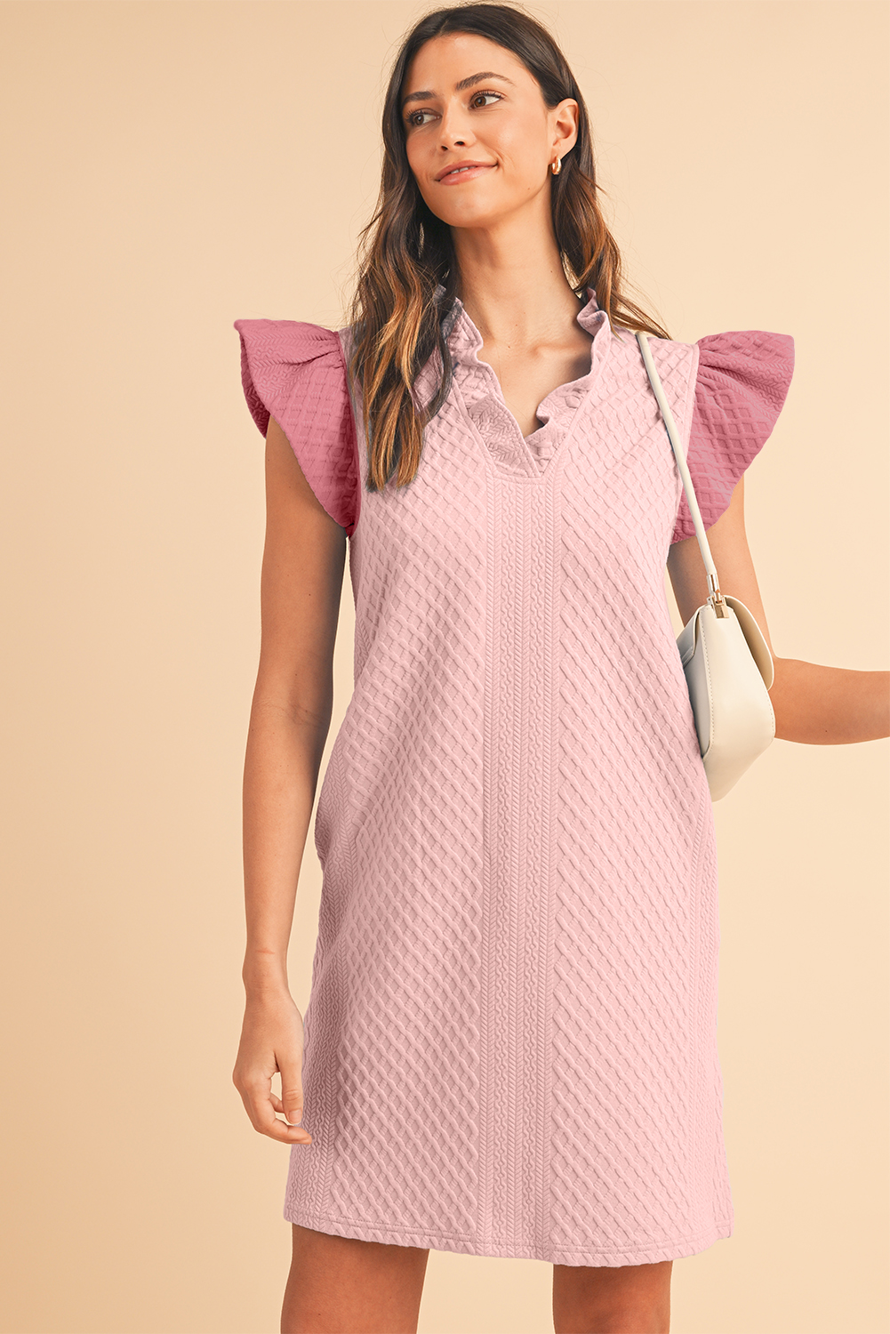Shewin Wholesale SUMMER Light Pink Textured Puff Sleeve Ruffled V Neck Mini DRESS