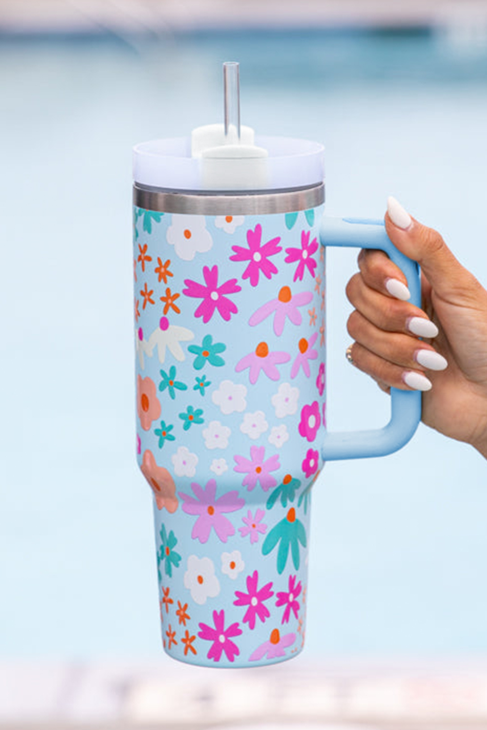 Beau Blue Cute FLOWER Print Handled Cup with Straw 40oz