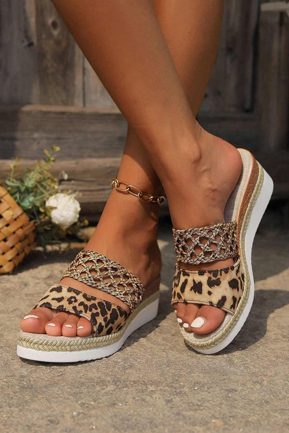 Chestnut Leopard Print Braided Band Wedge Slides Shoes