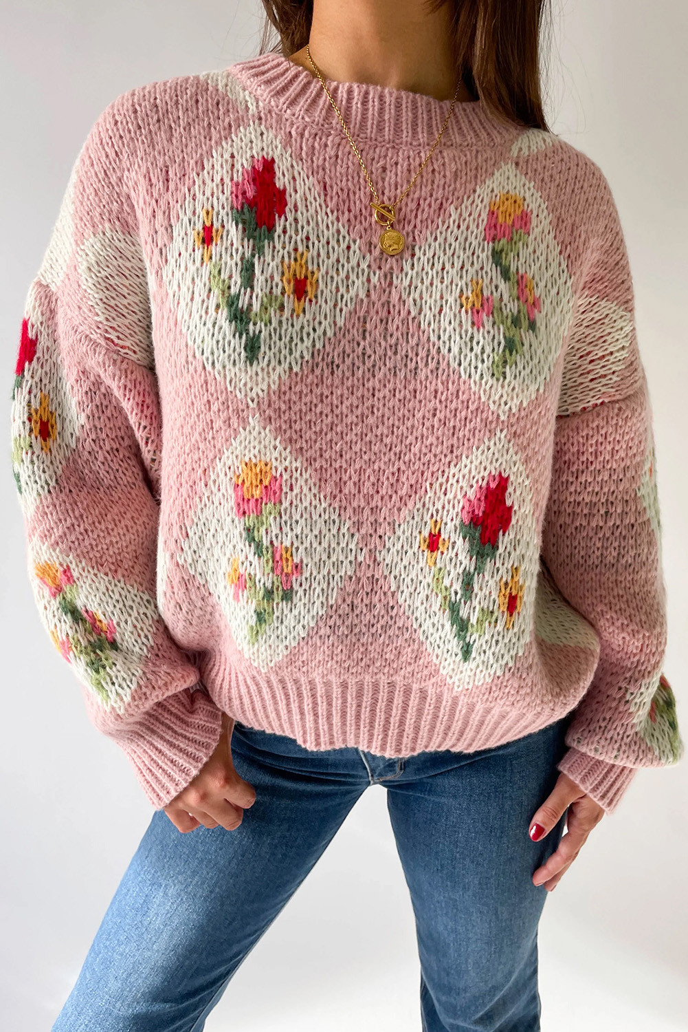 Pink Floral Rhombus Print Chunky Knit Sweater