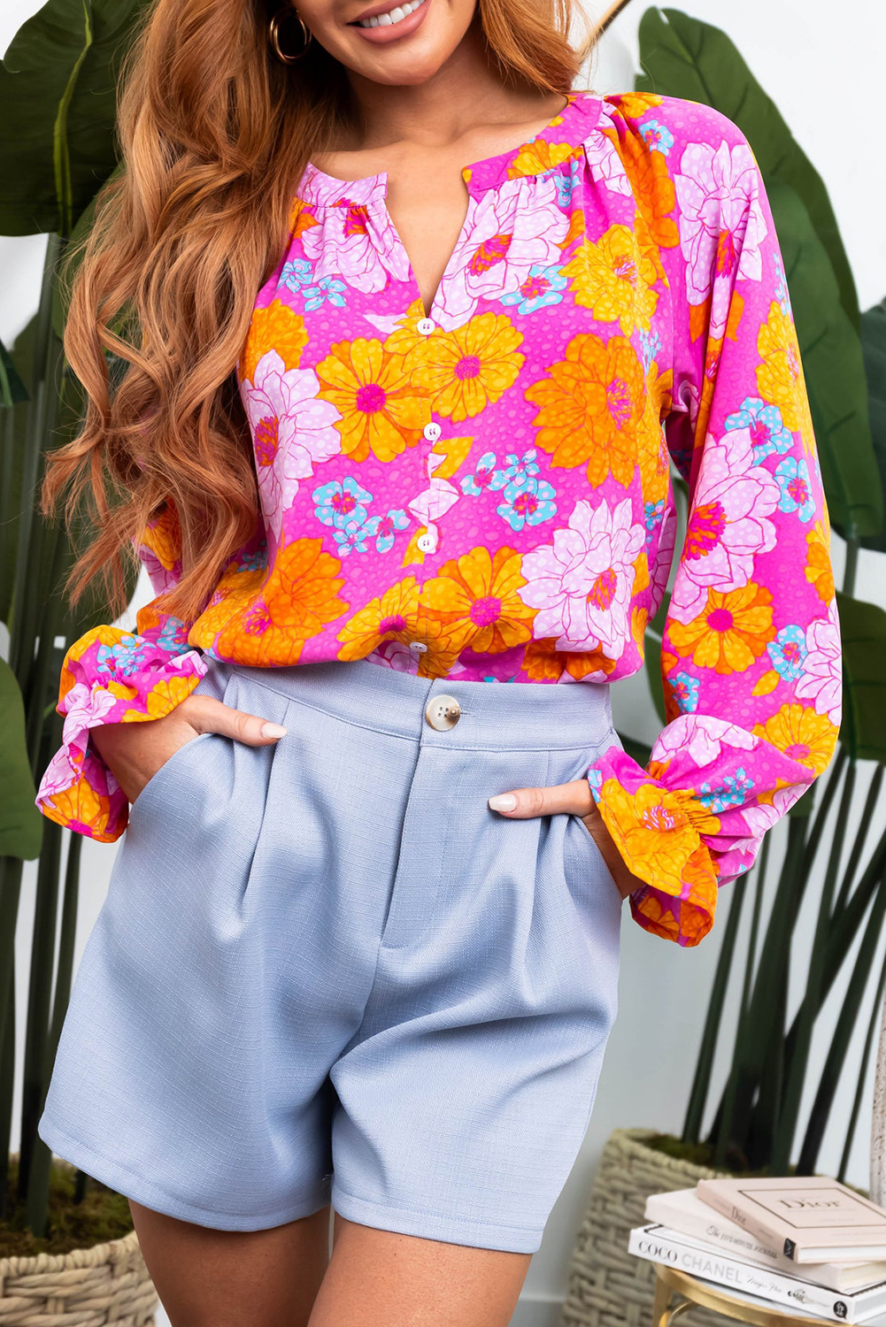 Shewin Wholesale Chic Women Rose FLOWER Print V Neck Relaxed Sleeve Blouse