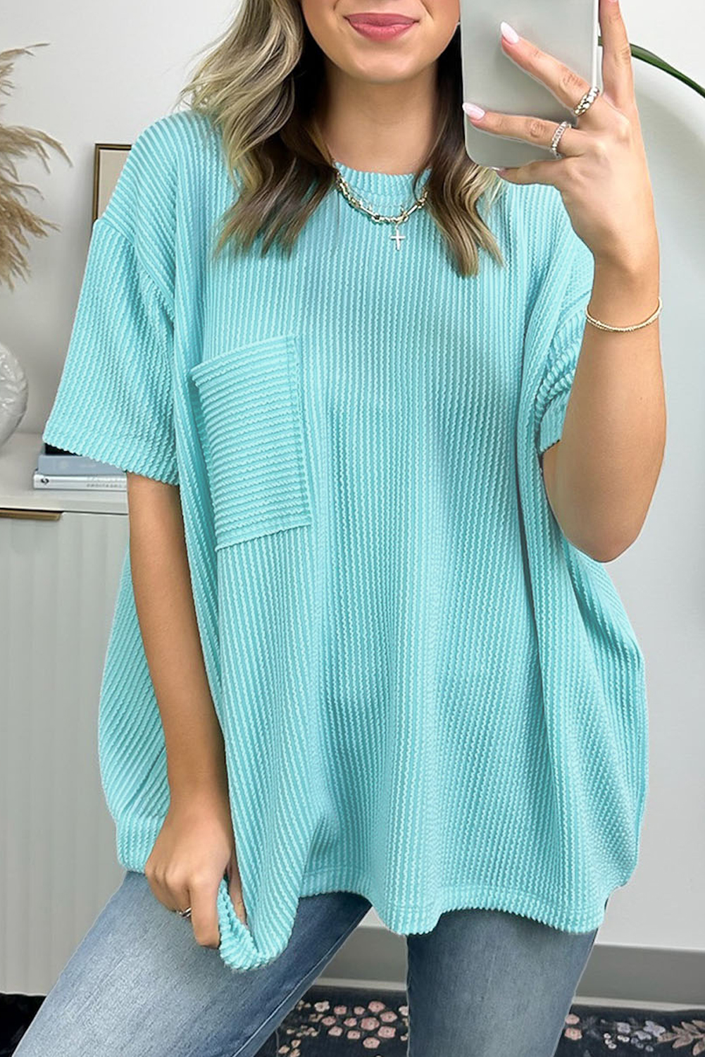 Shewin Wholesale WESTERN Turquoise Ribbed Knit Pocketed Loose Fit Crew Neck T Shirt