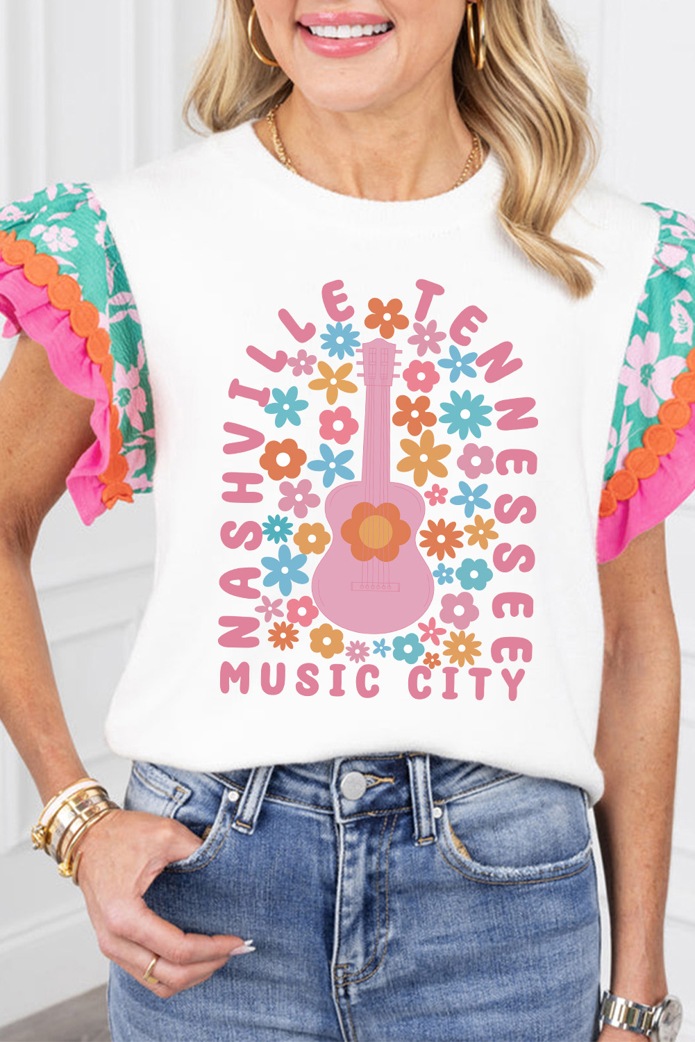 White NASHVILLE TENNESSEE MUSIC CITY Guitar Floral Graphic Tee