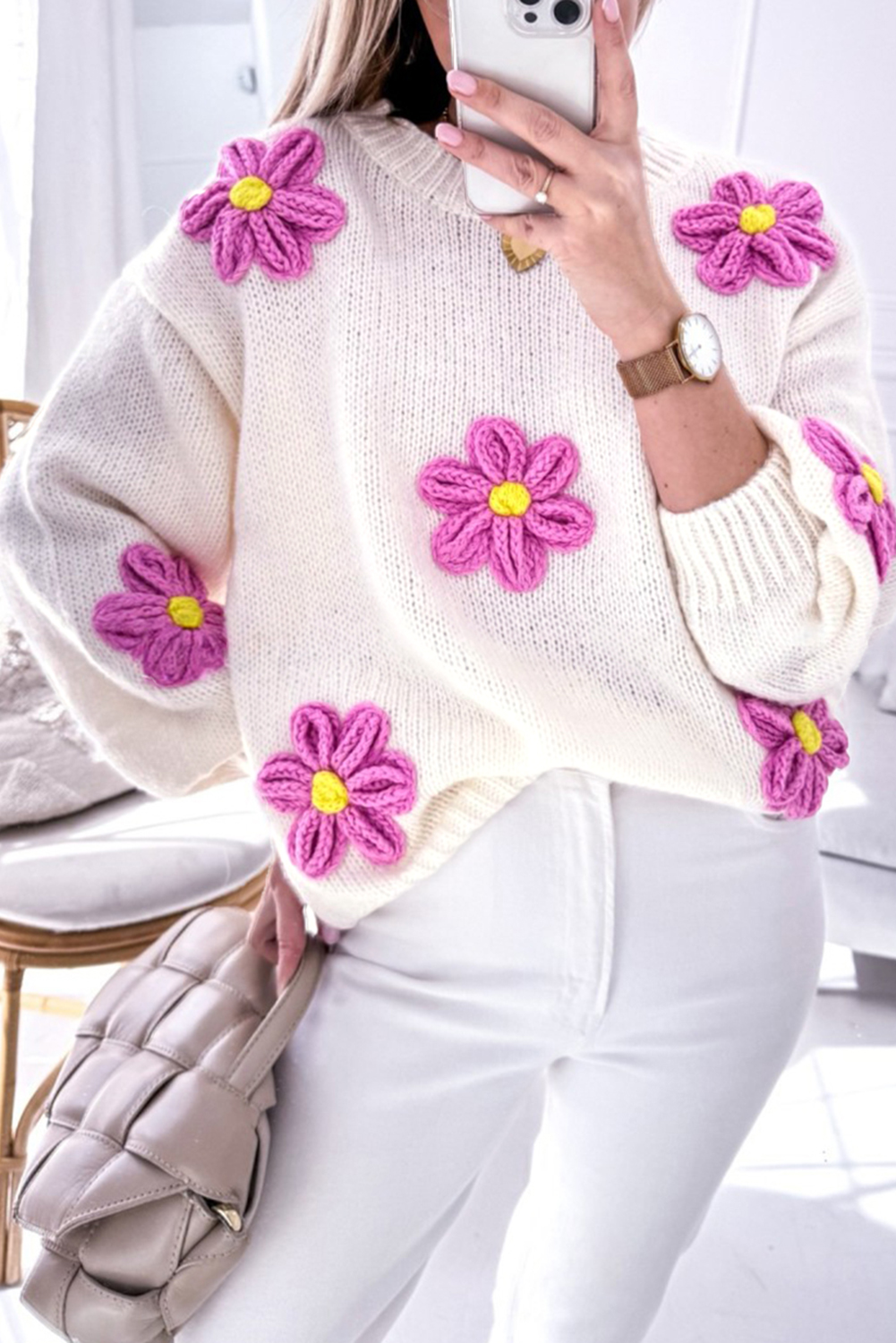 White 3D FLOWER Detail Loose Sweater