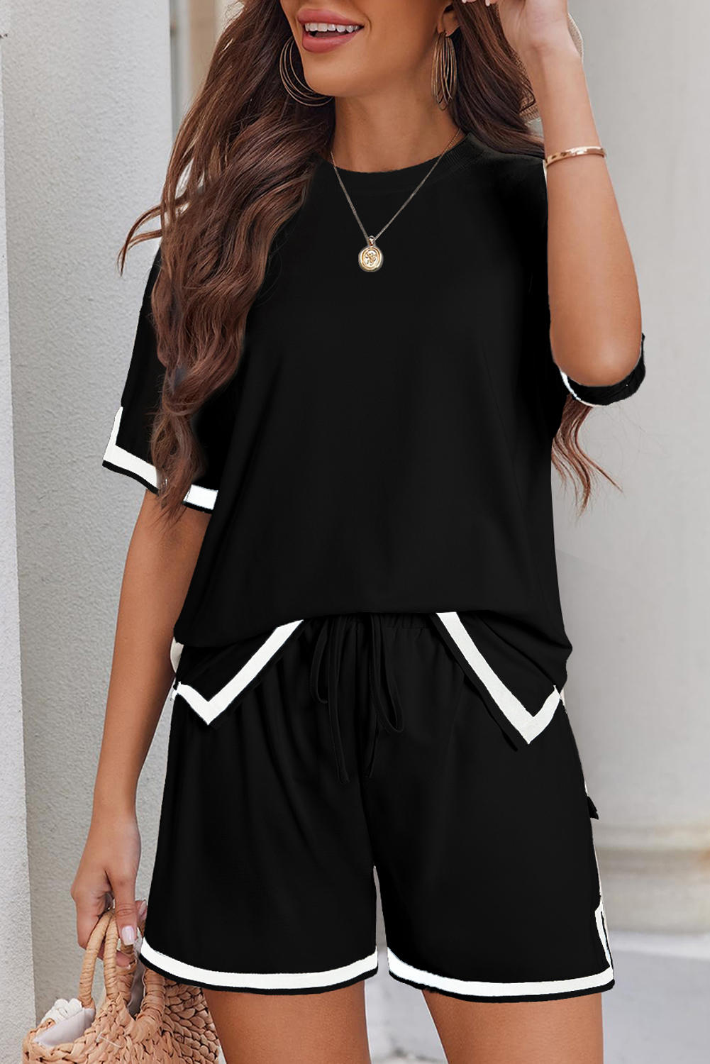 Shewin Wholesale Southern Black Contrast Trim Tee and Drawstring SHORTS Set