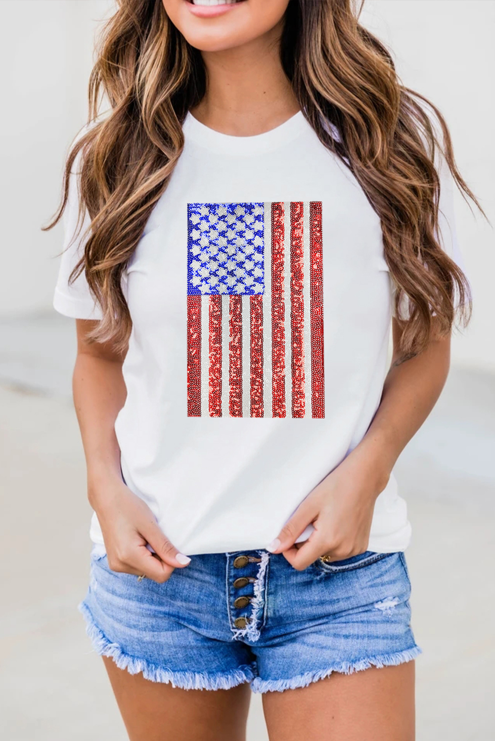 Shewin Wholesale High Quality White Shimmery USA FLAG Graphic Round Neck Tee