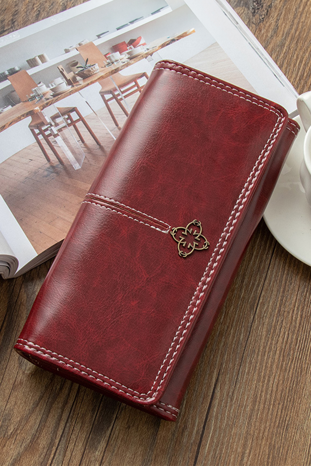 Burgundy Faux Leather Vintage Decor Bifold Long WALLET