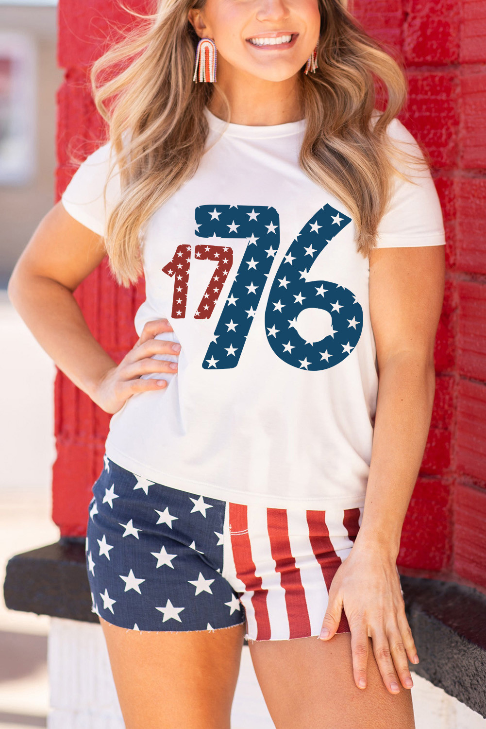White Flag Day Star 1776 Graphic Crew Neck T Shirt