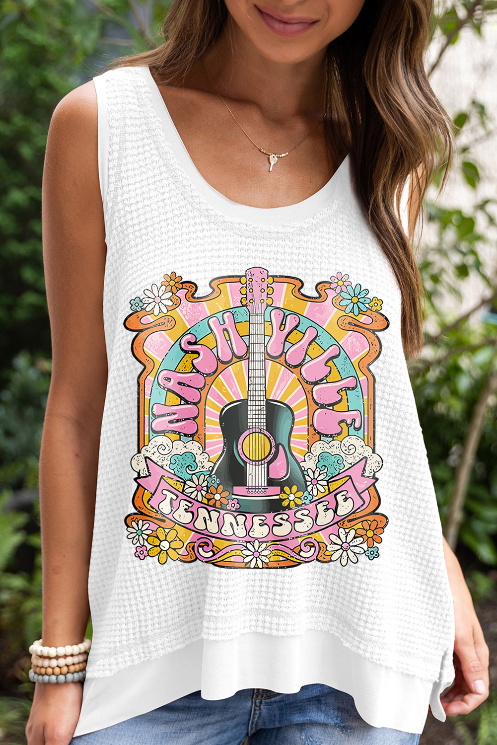 White Flower GUITAR NASHVILLE Graphic Waffle Patchwork Tank Top