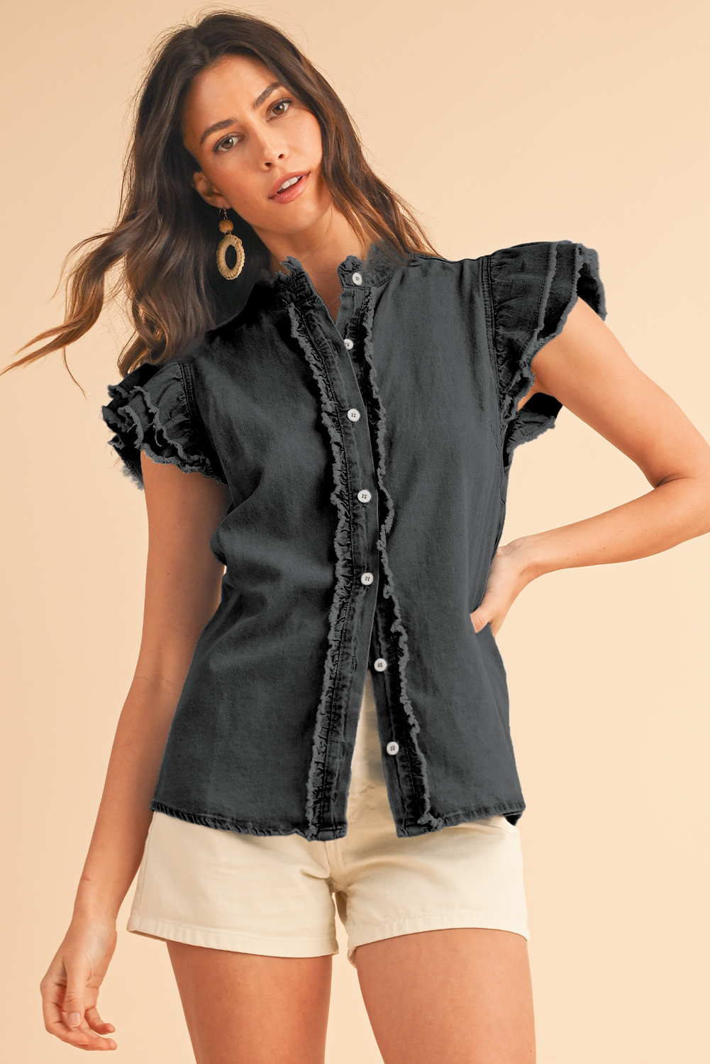 Black Button Front Ruffled Flutter Frayed DENIM Top