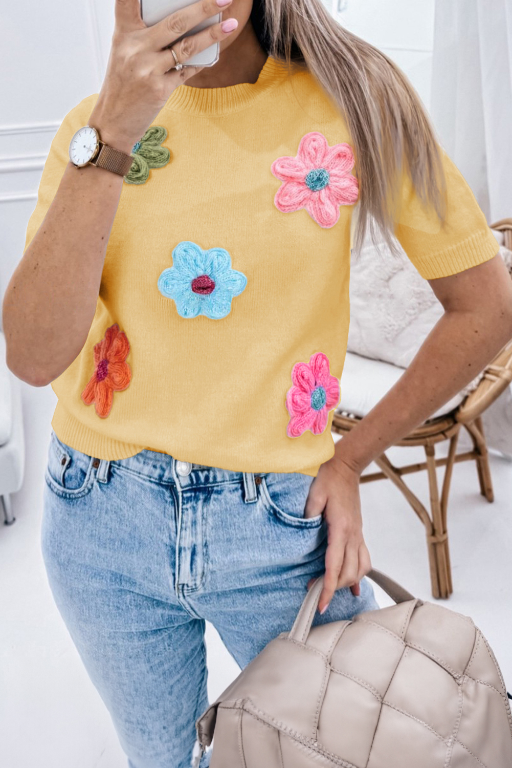 Yellow Cream Cute FLOWER Pattern Knitted Top