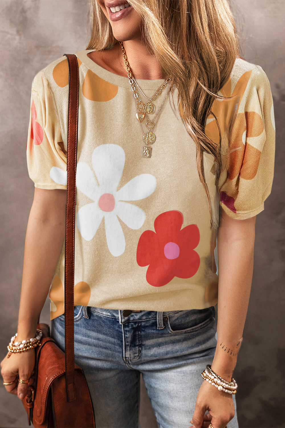 Shewin Wholesale Stores Apricot Colorful FLOWER Print Bubble Sleeve Tee