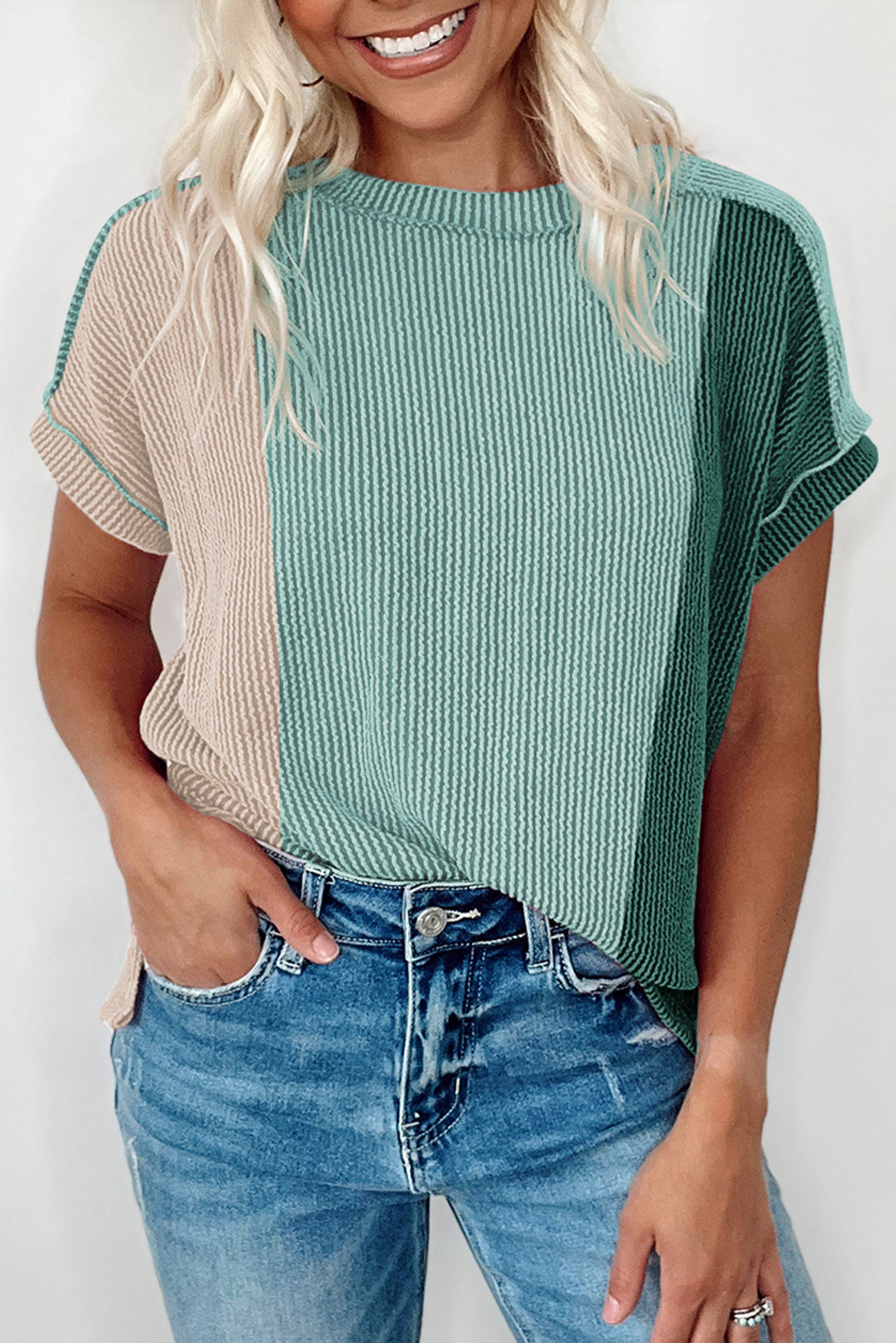 Mint Green CRINKLE Rib Colorblock Round Neck T Shirt